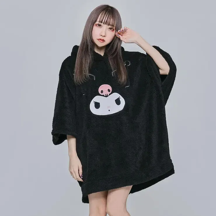 Sanrio Kuromi Boa Fleece Poncho Hoodie w/ Ear Black Warm Women Japan Cosplay