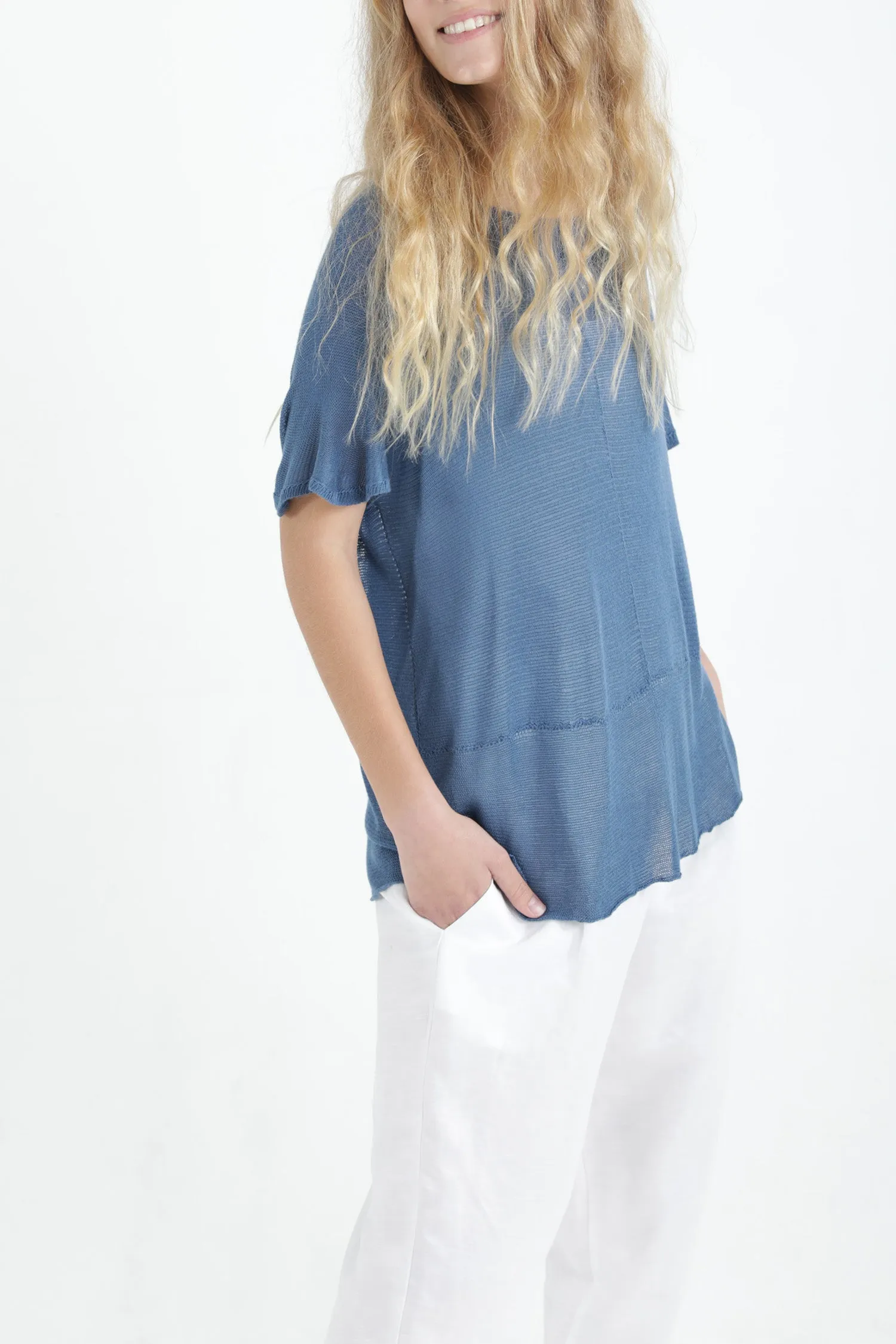 Sea Blue Boat neck loose knit T- shirt