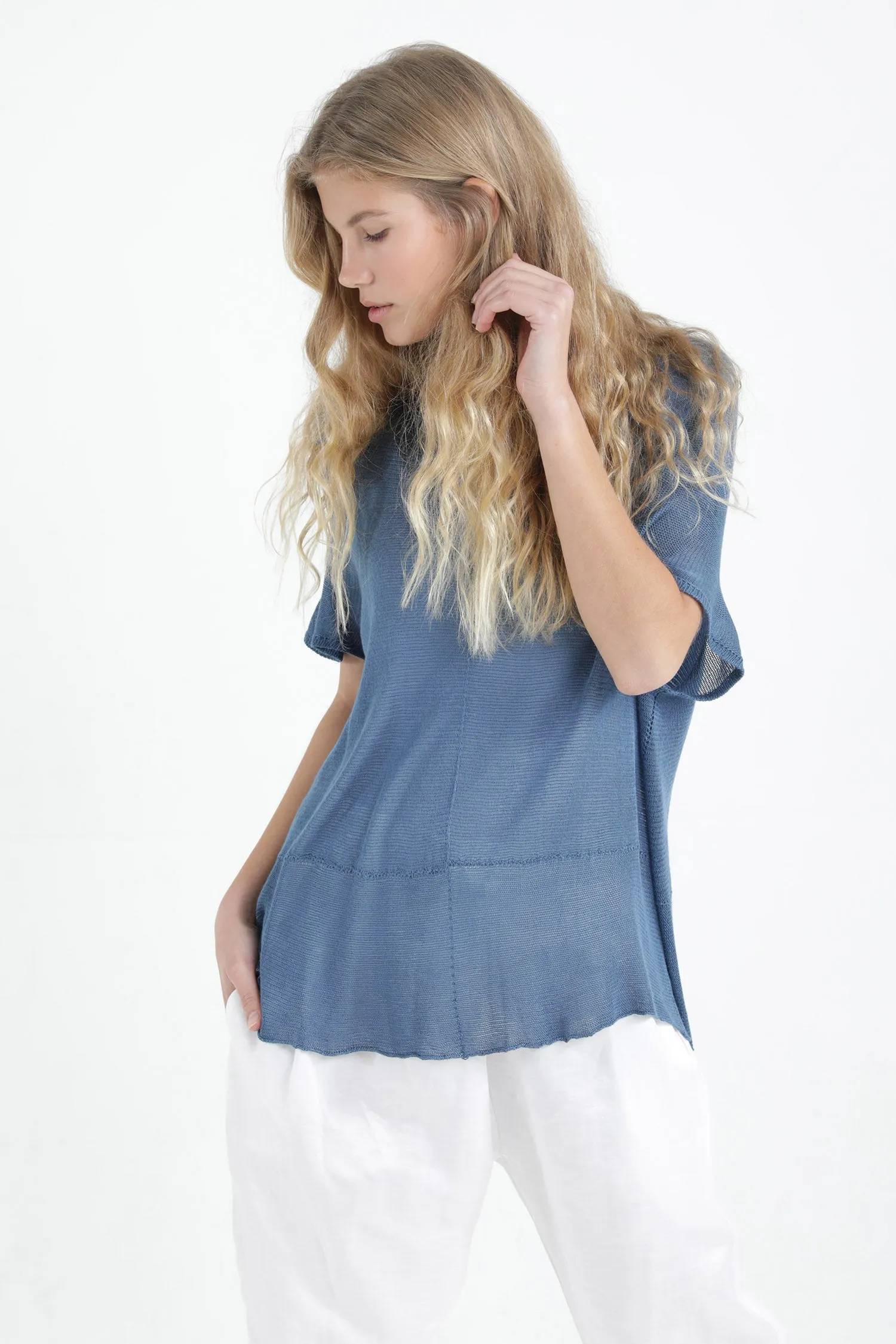 Sea Blue Boat neck loose knit T- shirt