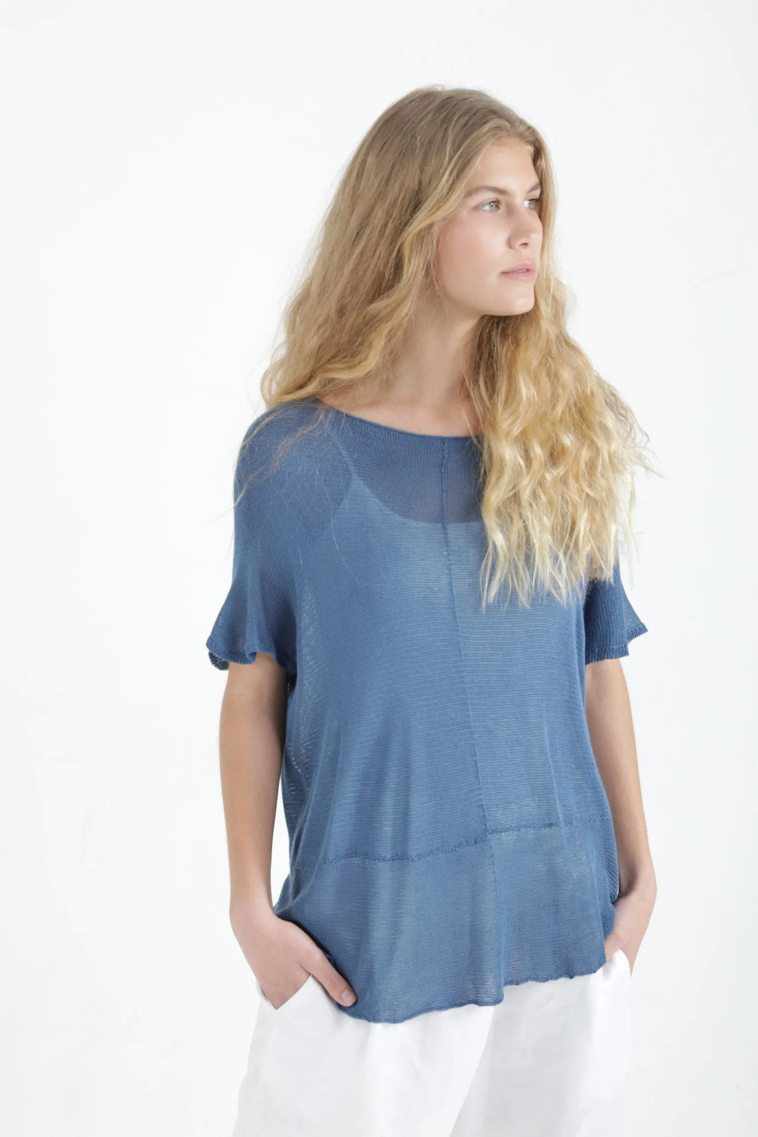 Sea Blue Boat neck loose knit T- shirt