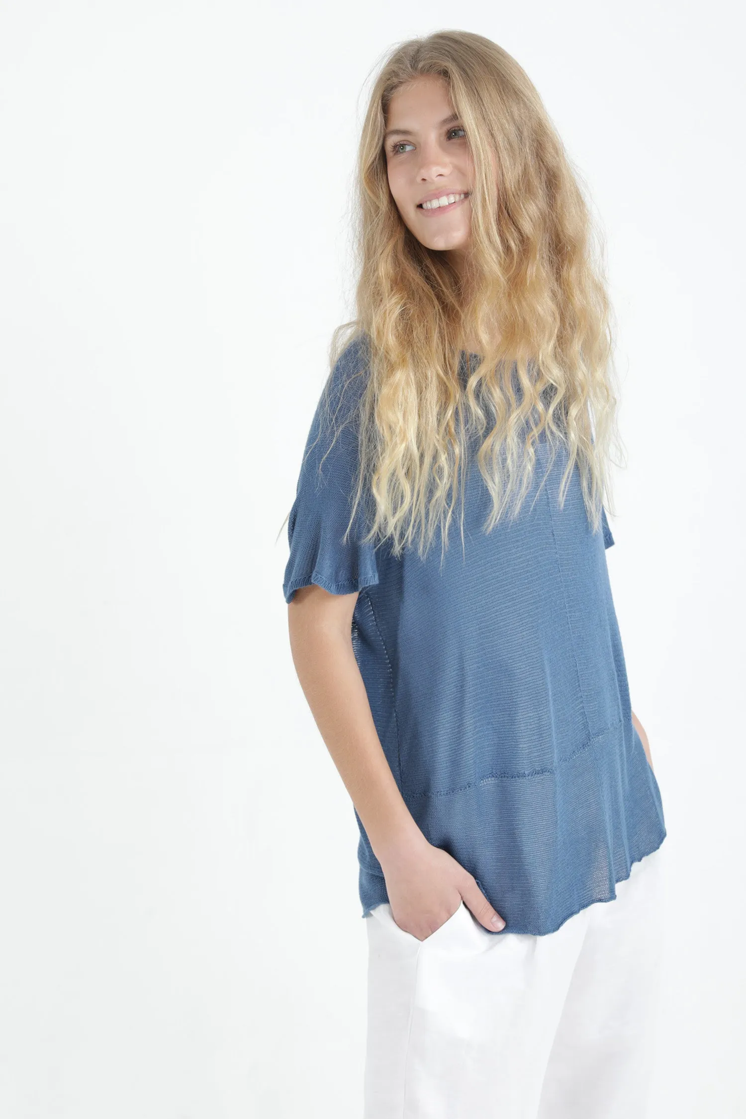 Sea Blue Boat neck loose knit T- shirt