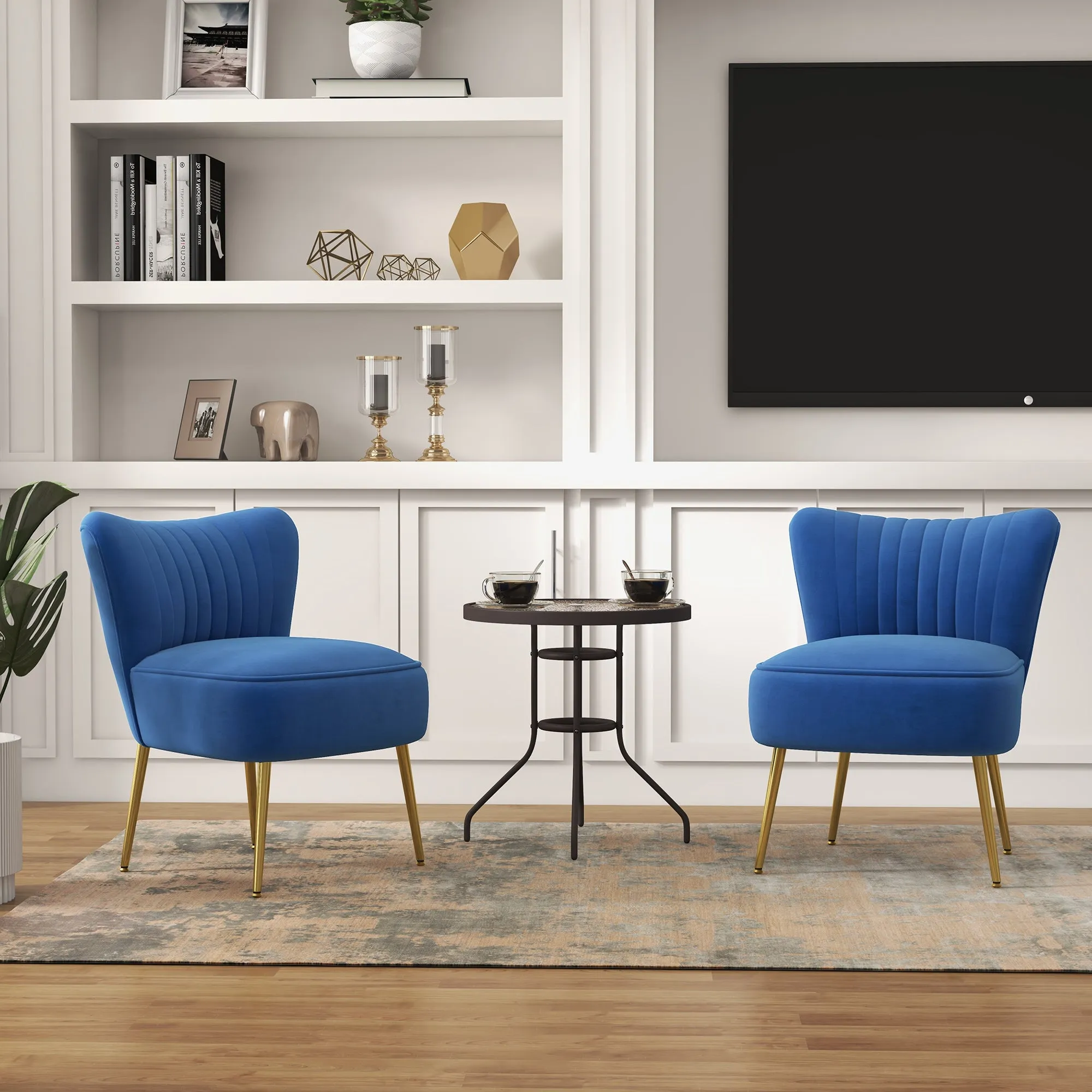 Set of 2 Accent Chairs, Upholstered Living Room Chairs with Gold Tone Steel Legs, Wingback Armless Chairs, Blue