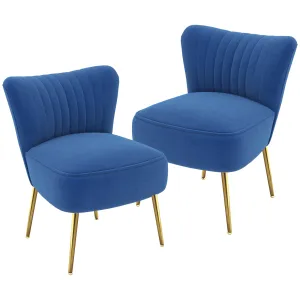 Set of 2 Accent Chairs, Upholstered Living Room Chairs with Gold Tone Steel Legs, Wingback Armless Chairs, Blue