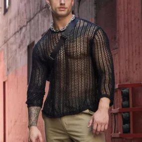 Sexy Men's T-shirt Special Long Sleeve Bottoming Fashion Woven Solid Color Mesh Knit Hollow Out Round Neck