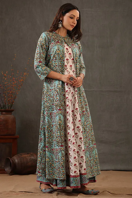 Shuddhi Mint Green And Scarlet Red Double Layered Dress