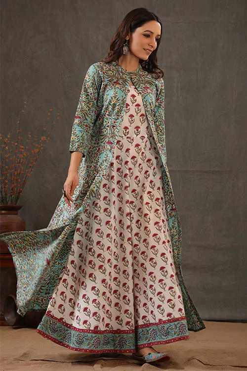 Shuddhi Mint Green And Scarlet Red Double Layered Dress