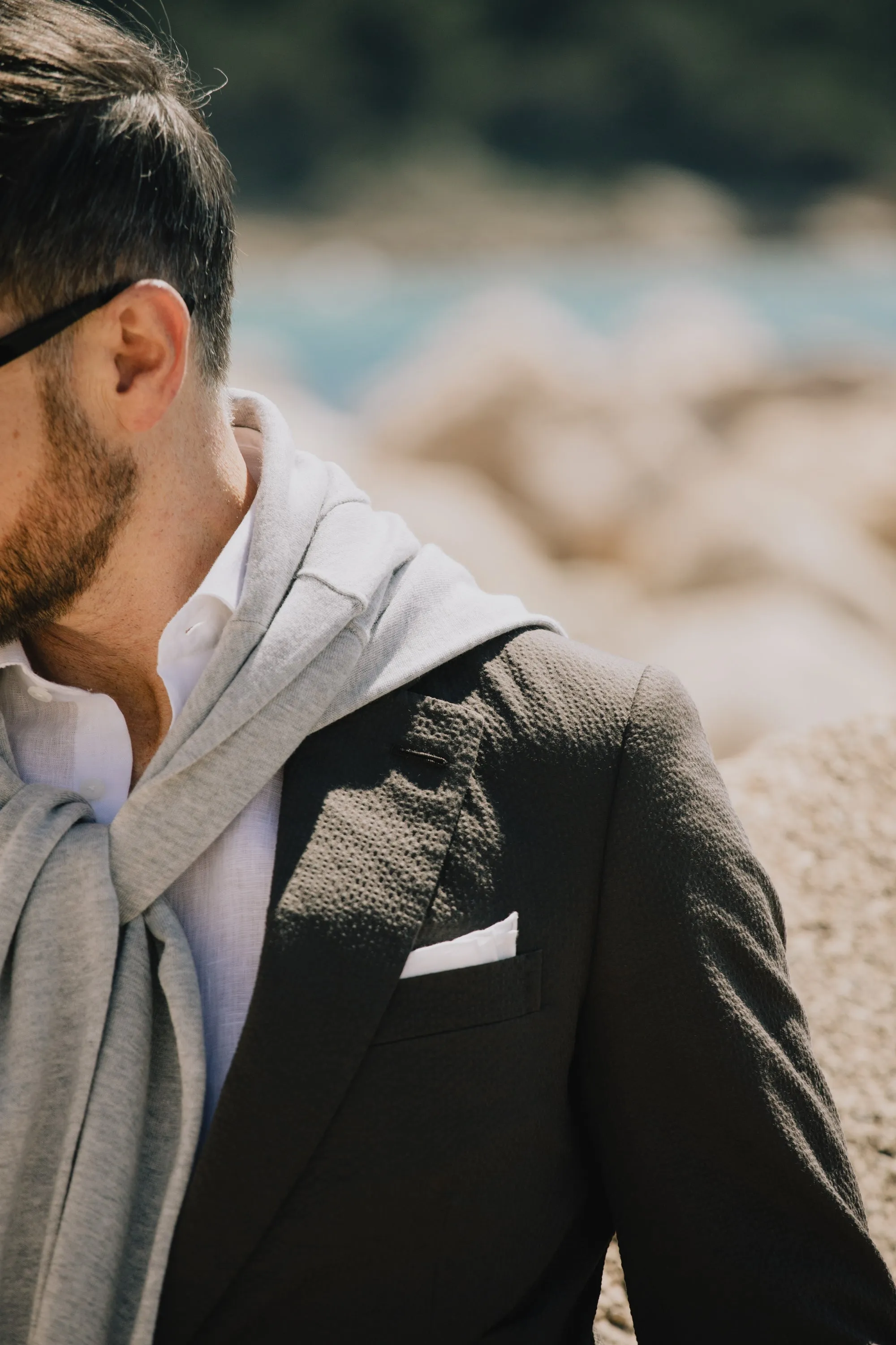 Single Breasted Notch Lapel Suit in Brown Seersucker