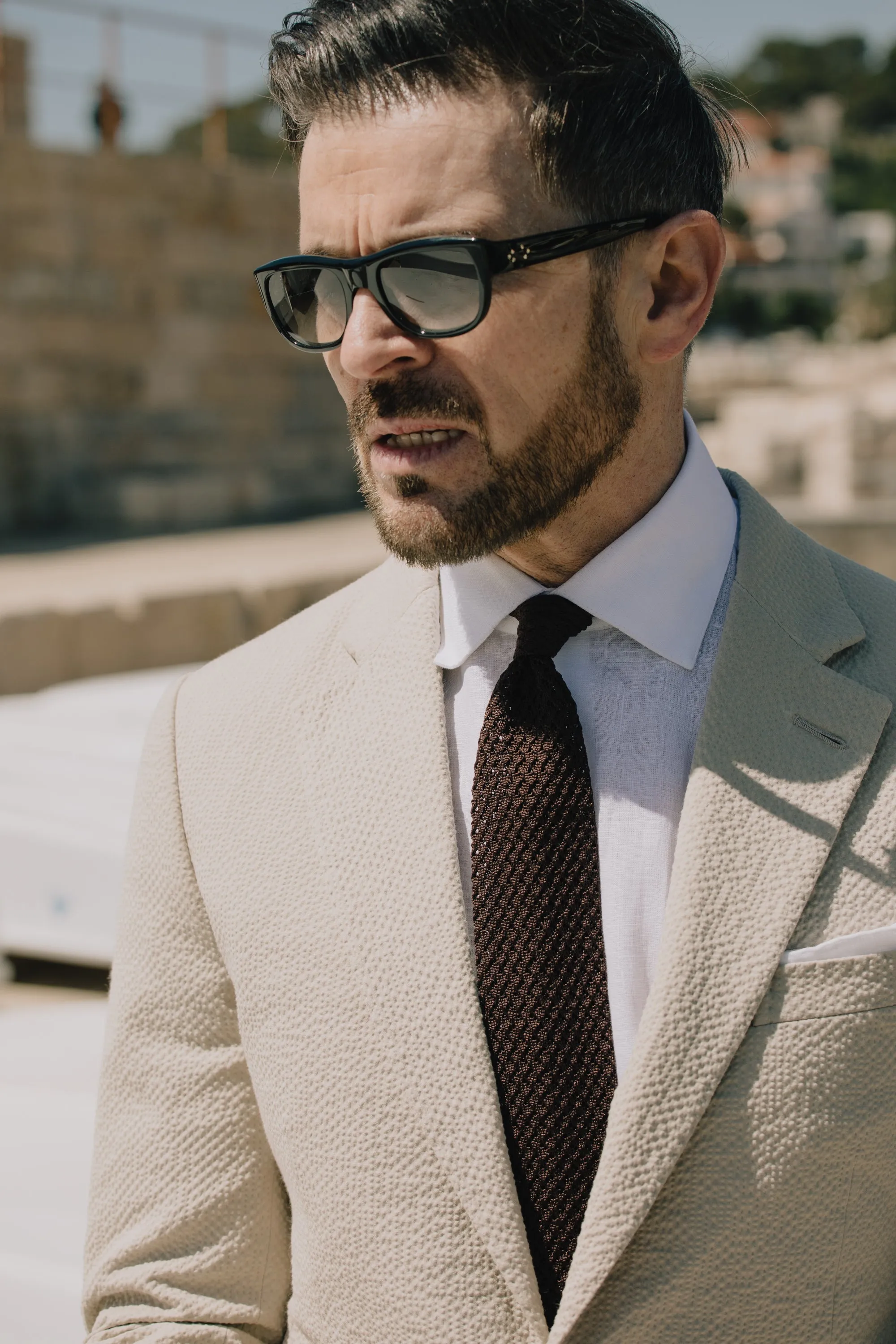 Single Breasted Notch Lapel Suit in Cream Seersucker