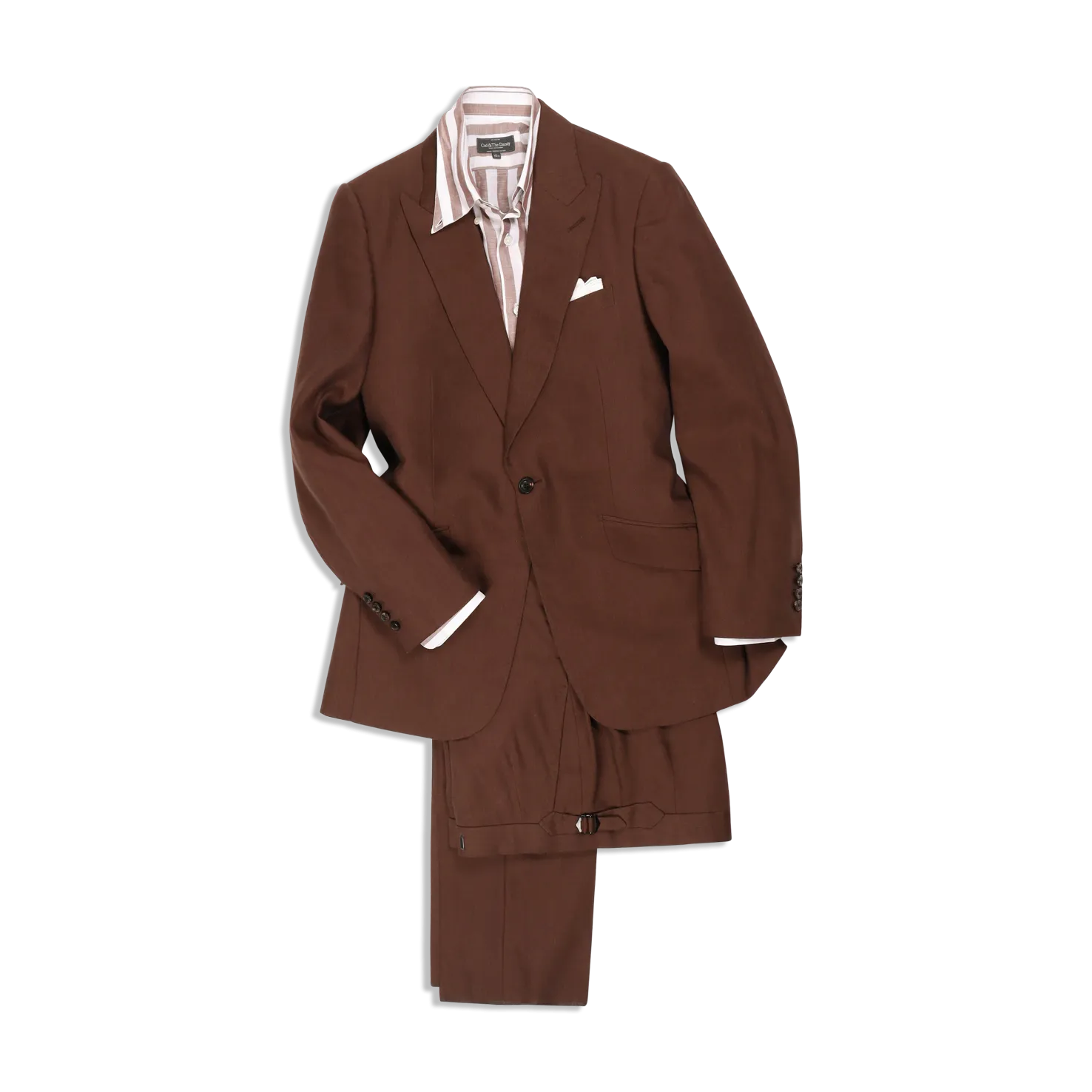 Single Breasted Peak Lapel Suit in Brown Wool, Silk and Linen