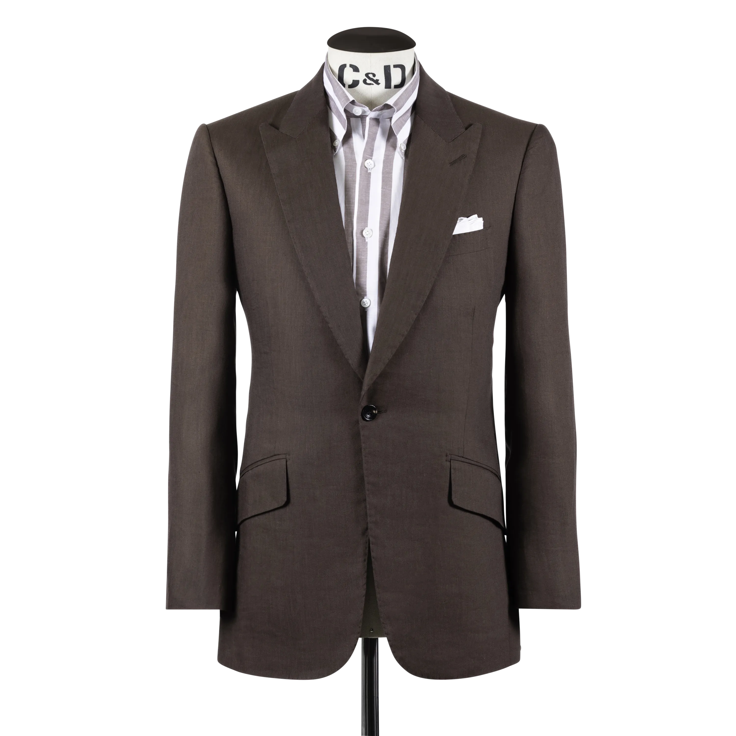 Single Breasted Peak Lapel Suit in Brown Wool, Silk and Linen