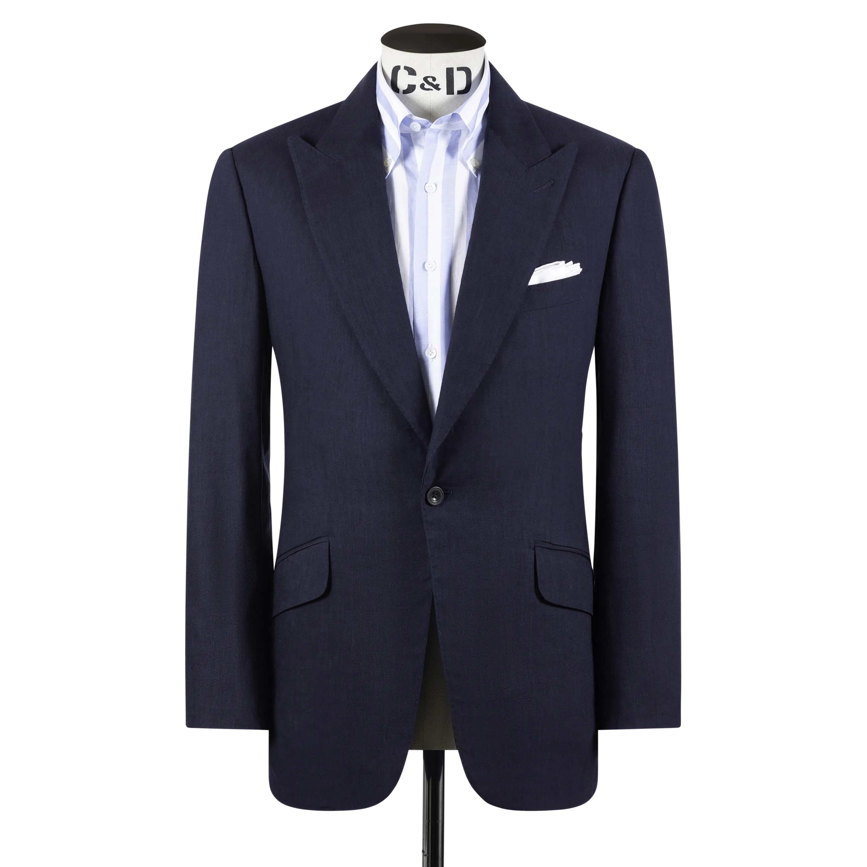 Single Breasted Peak Lapel Suit in Navy Wool, Silk and Linen