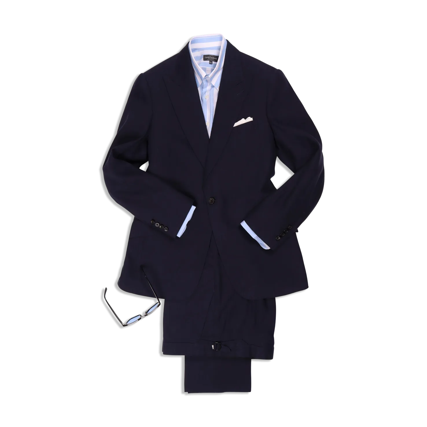 Single Breasted Peak Lapel Suit in Navy Wool, Silk and Linen