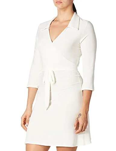 Star Vixen Women's 3/4 Sleeve Faux Wrap Dress With Collar, Ivory, Large