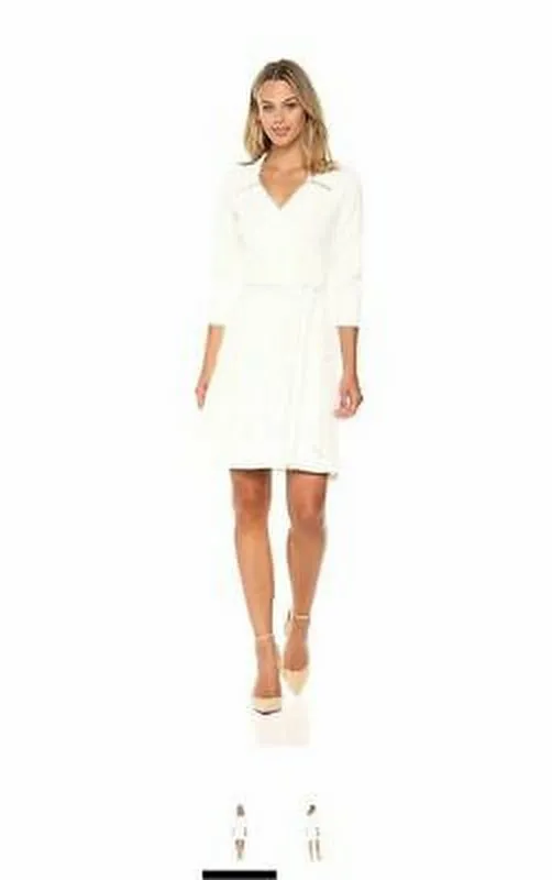 Star Vixen Women's 3/4 Sleeve Faux Wrap Dress With Collar, Ivory, Large