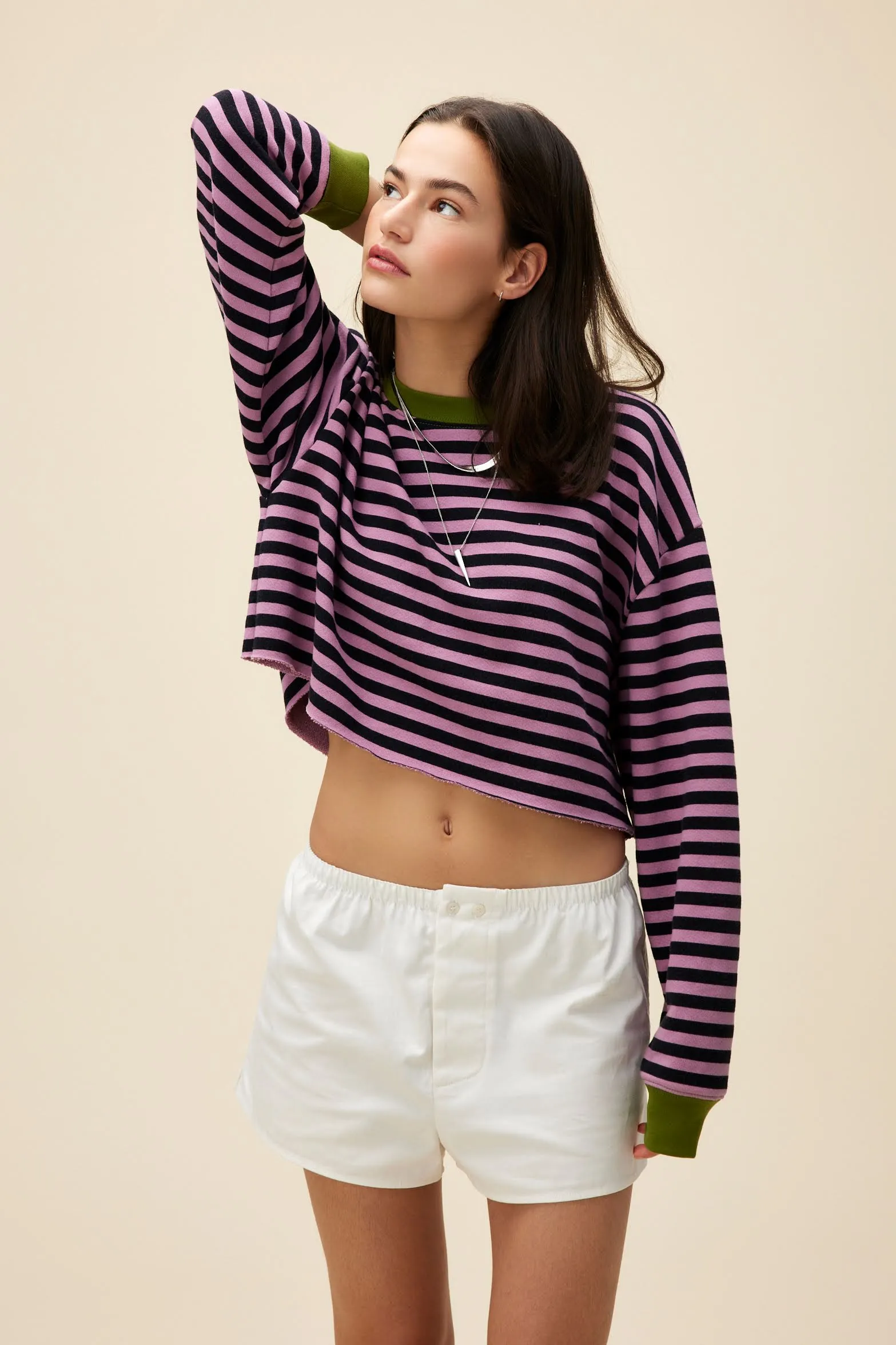 Stripe Cut-Off Sweatshirt in Lotus Flower