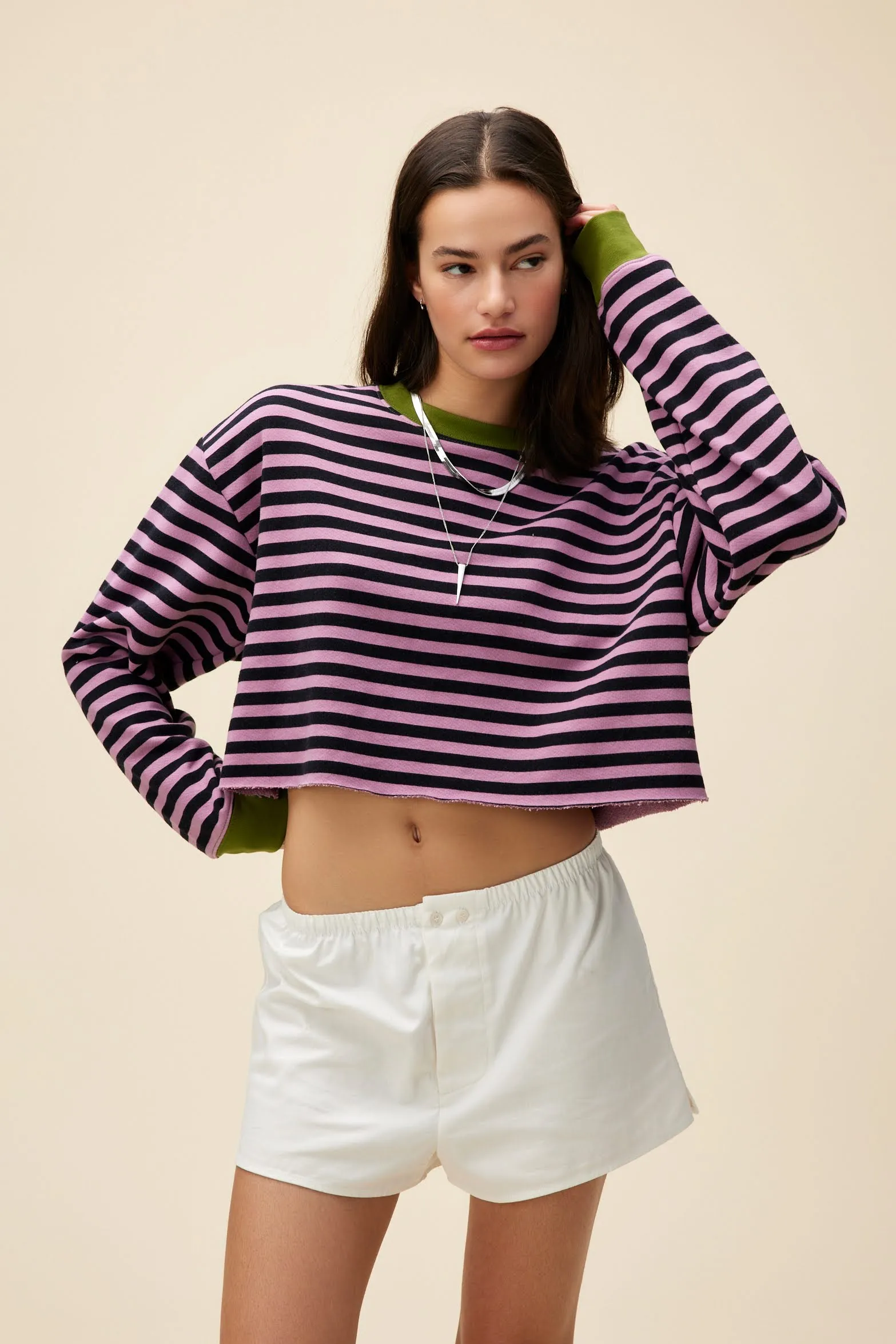 Stripe Cut-Off Sweatshirt in Lotus Flower