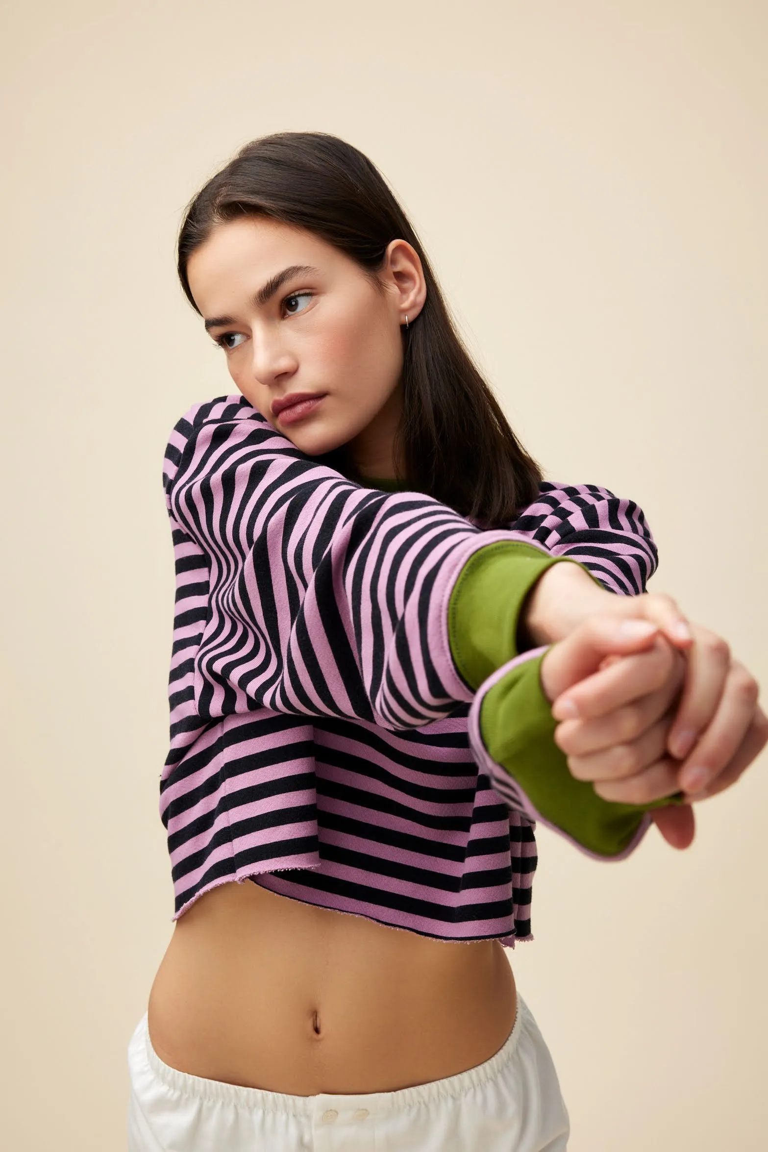 Stripe Cut-Off Sweatshirt in Lotus Flower