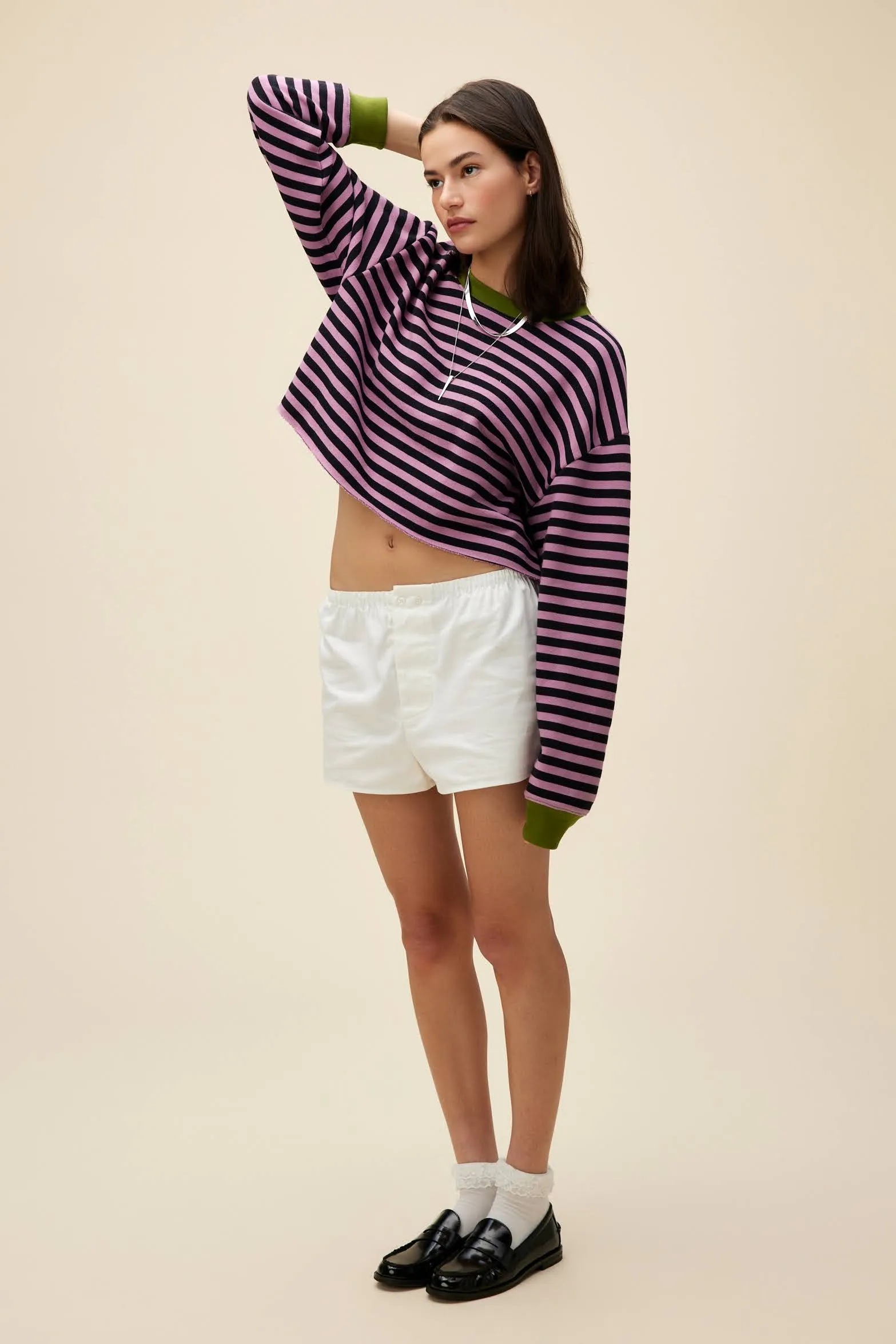 Stripe Cut-Off Sweatshirt in Lotus Flower