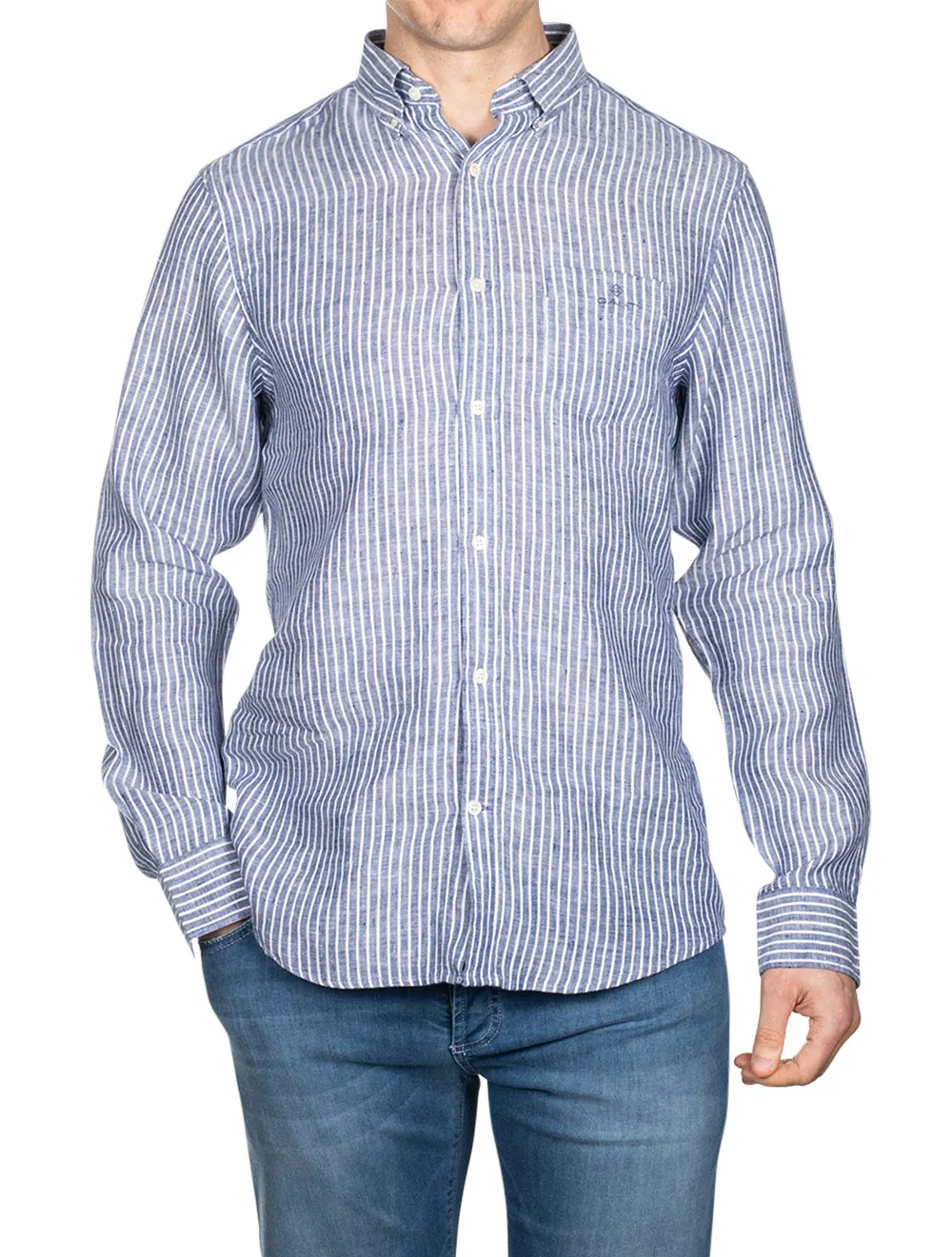 Stripe Linen Button-down Persian Blue