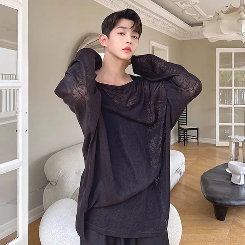 Summer Knit One Line Neck Long Sleeve T-shirt Translucent Solid Color Korean Fashion Round Neck Male Tops 9A3955