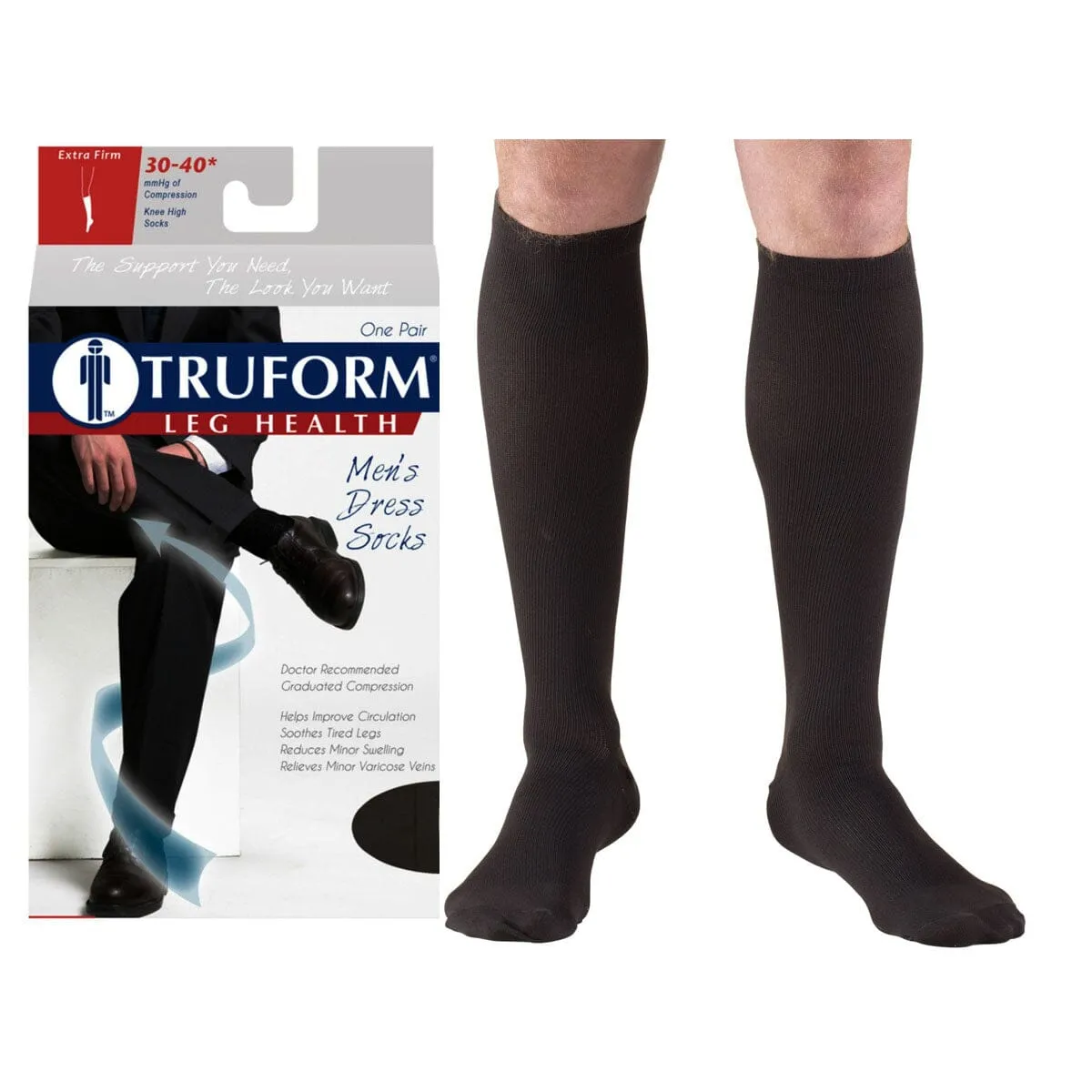 Surgical Appliance Truform® Men's Dress Support Socks, Knee High, Closed Toe, 30 to 40mmHg, Medium, Black