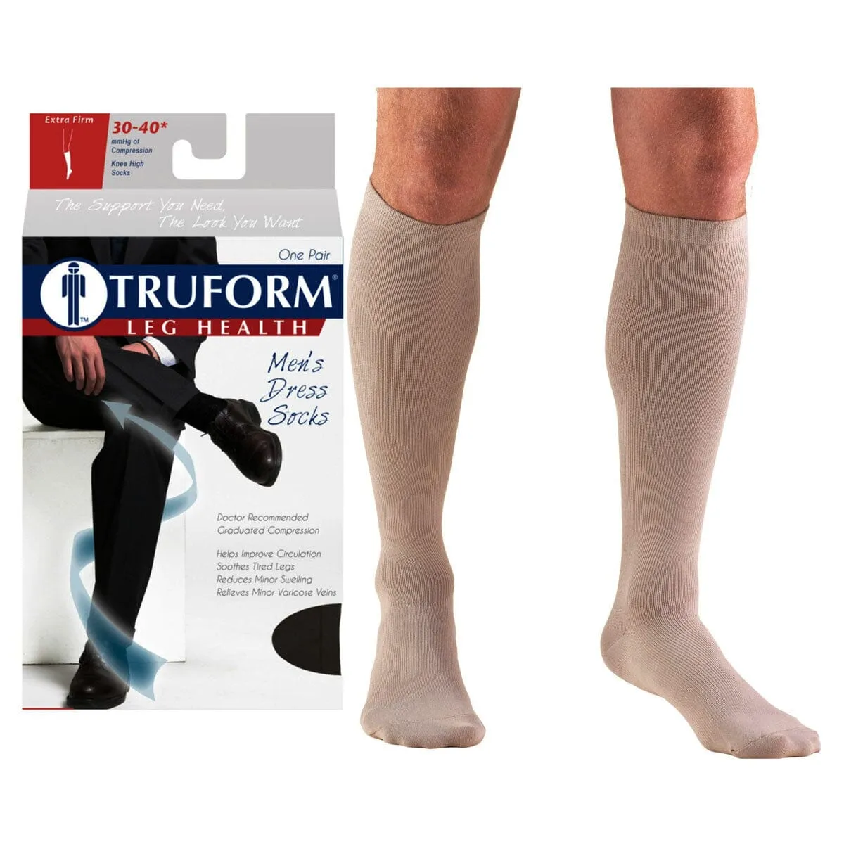 Surgical Appliance Truform® Men's Dress Support Socks, Knee High, Closed Toe, 30 to 40mmHg, XL, Tan