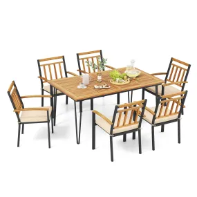 Tangkula 7 Pieces Patio Dining Set with Acacia Wood Dining Table & Armchairs, Soft Cushions, 2” Umbrella Hole