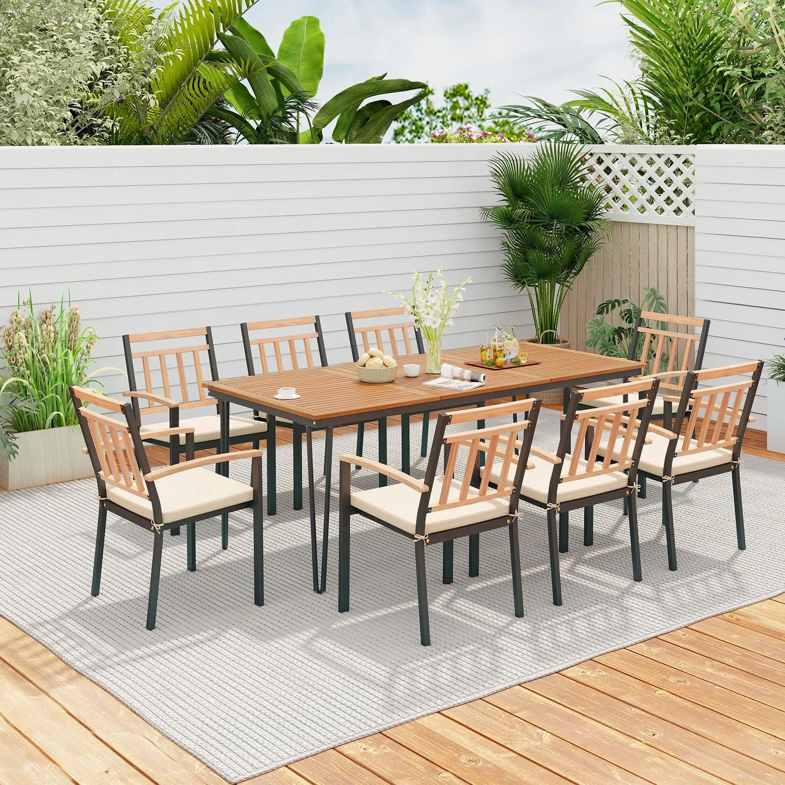 Tangkula 9 Piece Patio Dining Set, Outdoor Dining Furniture Set w/Rectangular Acacia Wood Dining Table & 8 Cushioned Chairs