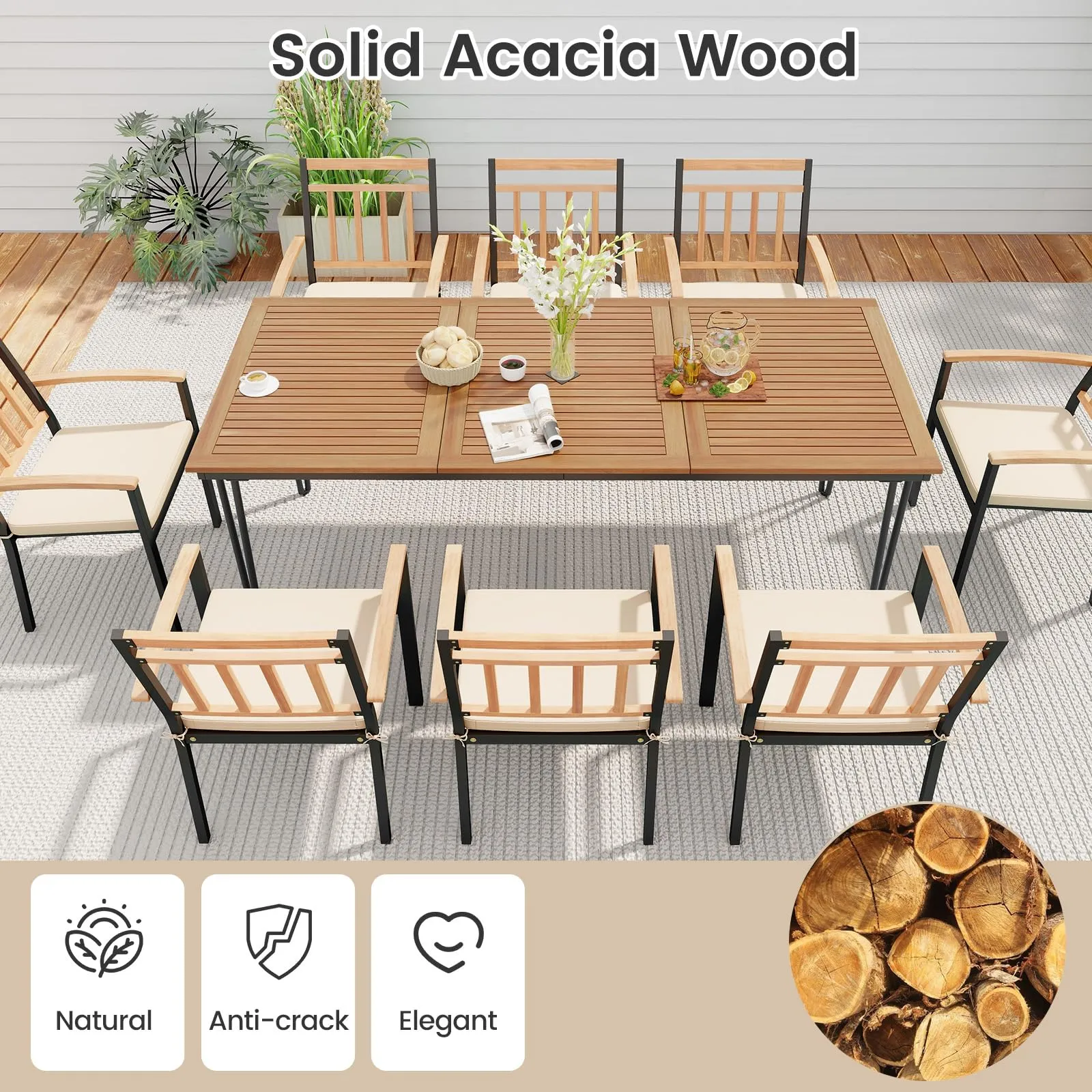 Tangkula 9 Piece Patio Dining Set, Outdoor Dining Furniture Set w/Rectangular Acacia Wood Dining Table & 8 Cushioned Chairs