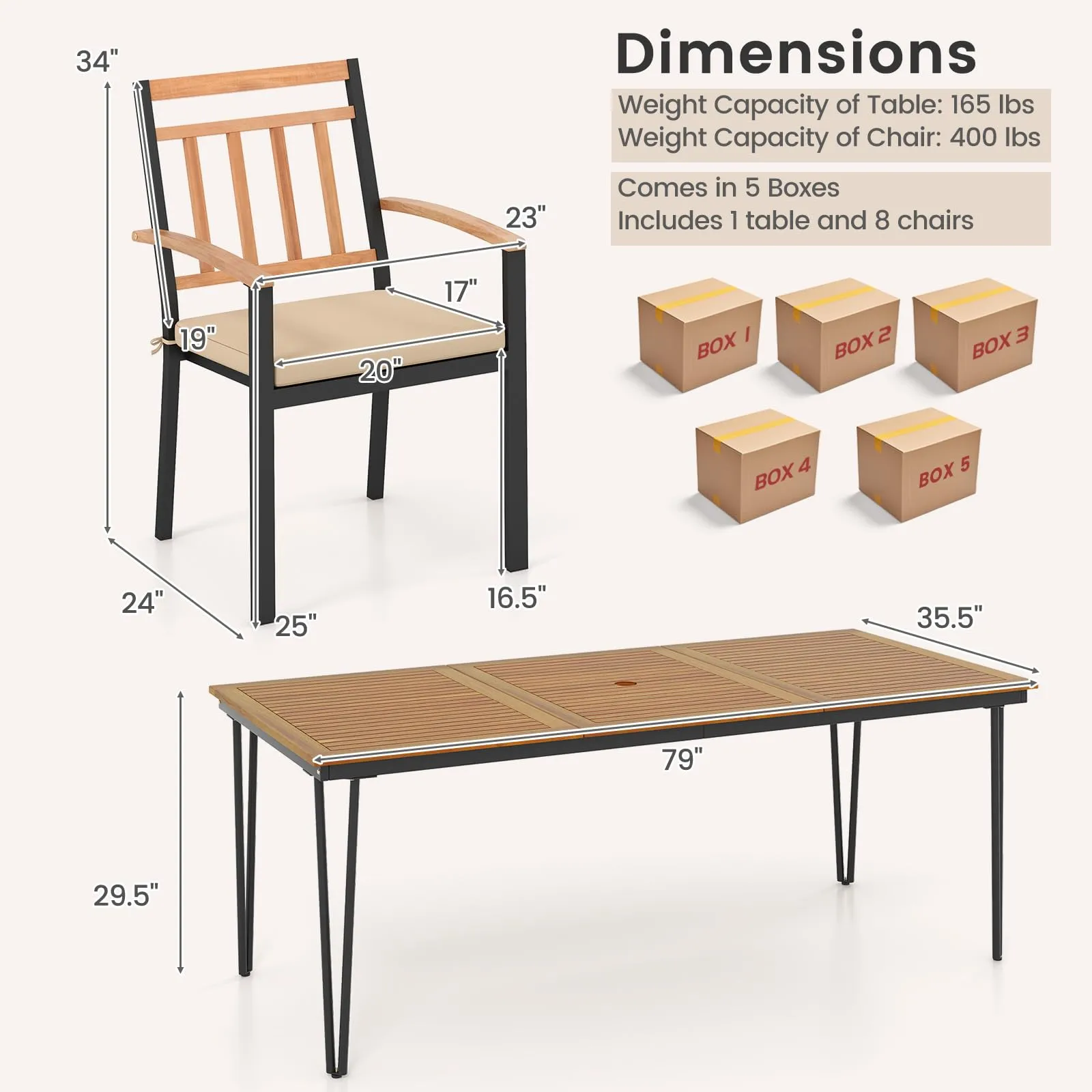 Tangkula 9 Piece Patio Dining Set, Outdoor Dining Furniture Set w/Rectangular Acacia Wood Dining Table & 8 Cushioned Chairs