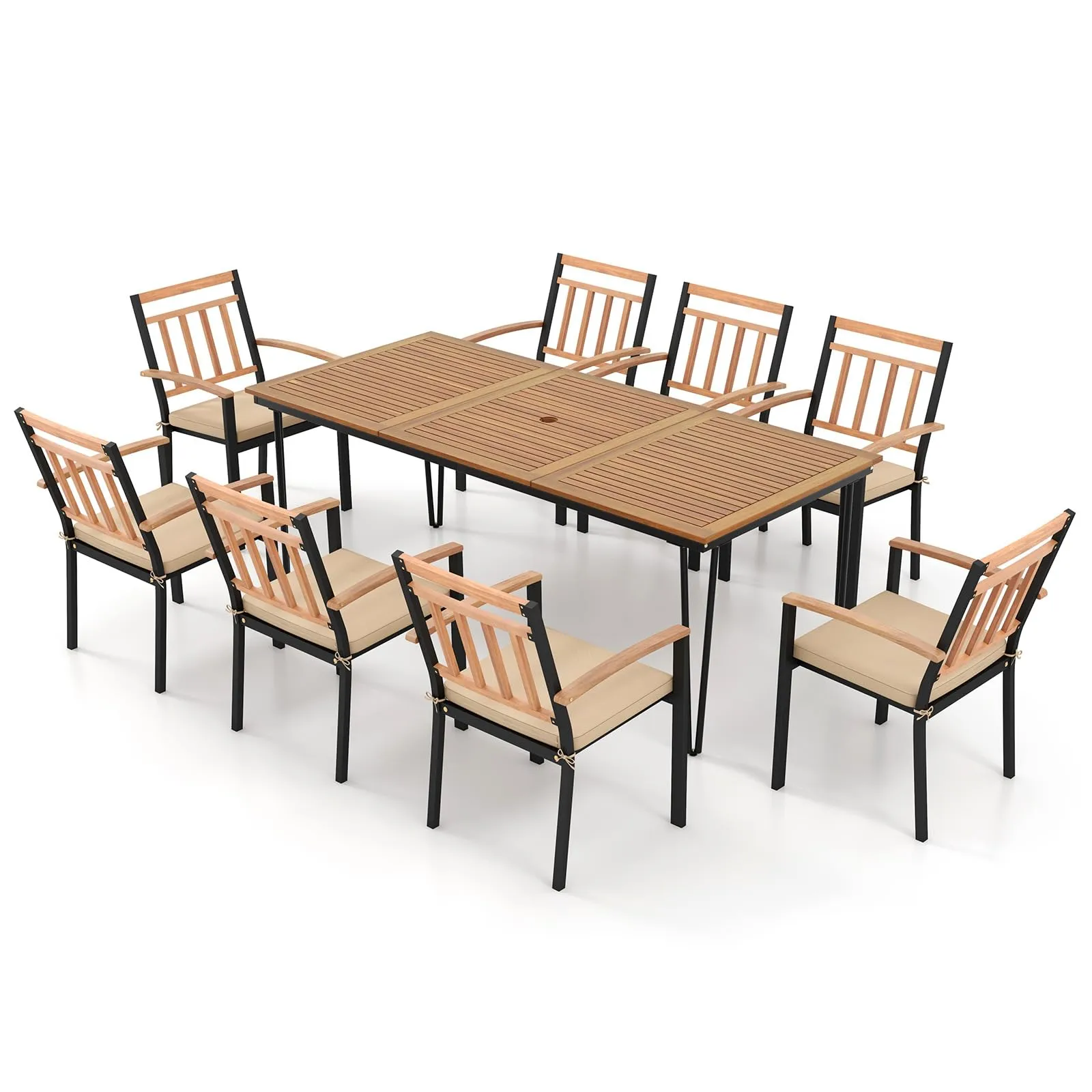 Tangkula 9 Piece Patio Dining Set, Outdoor Dining Furniture Set w/Rectangular Acacia Wood Dining Table & 8 Cushioned Chairs