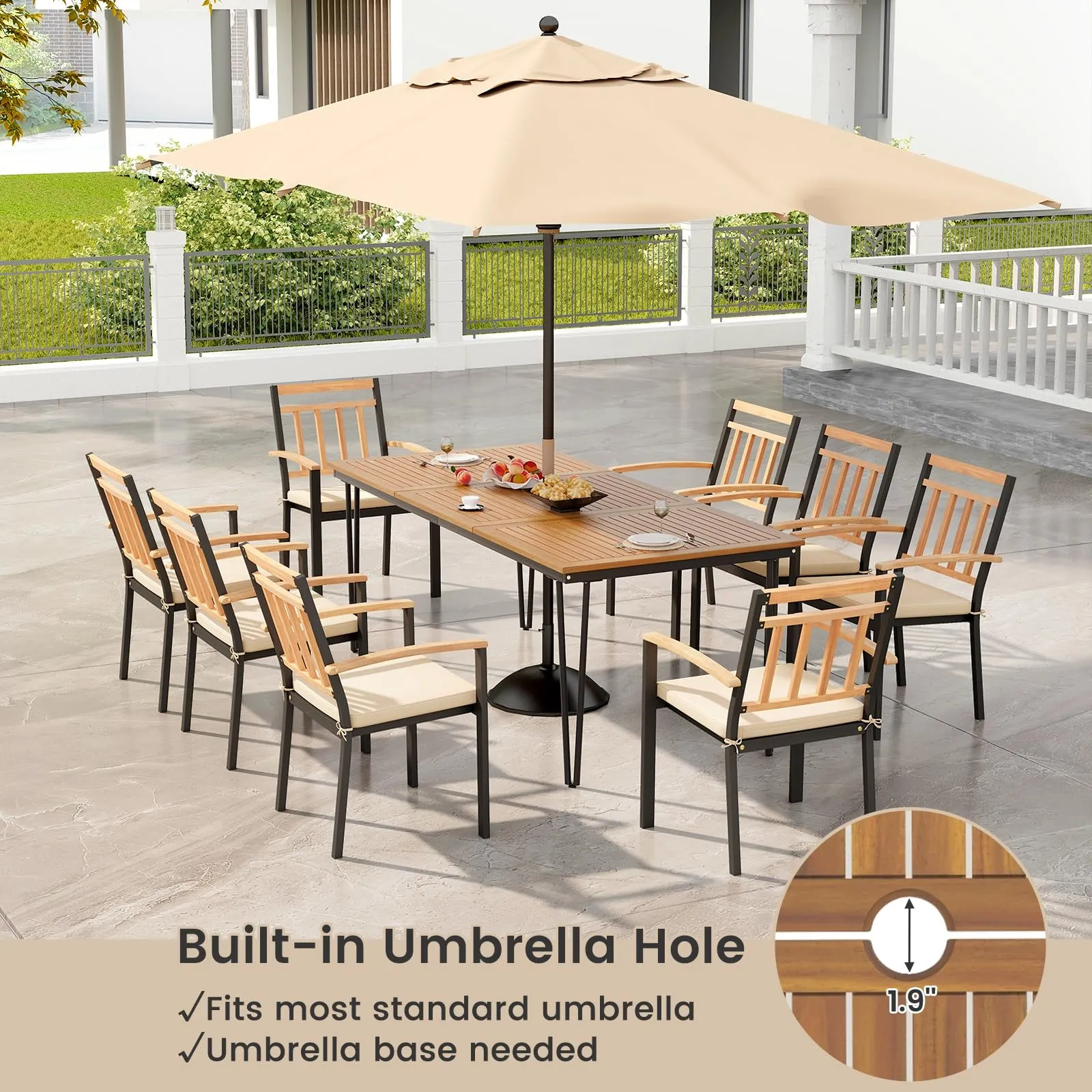 Tangkula 9 Piece Patio Dining Set, Outdoor Dining Furniture Set w/Rectangular Acacia Wood Dining Table & 8 Cushioned Chairs