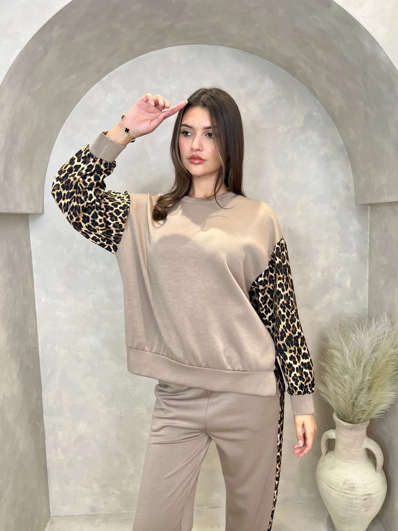 Taupe Leopard Print Oversize Sweatshirt