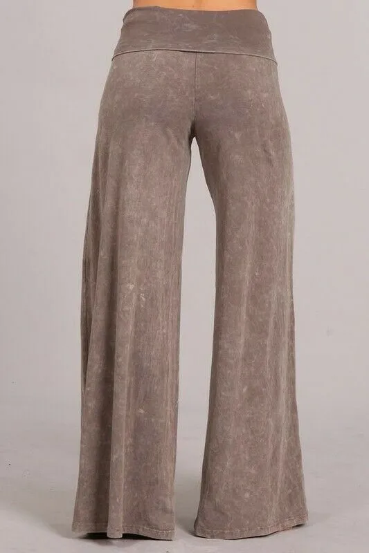 Taupe Mineral Wash Wide Led Foldover Over Waistband Casual Boho Womens Pants