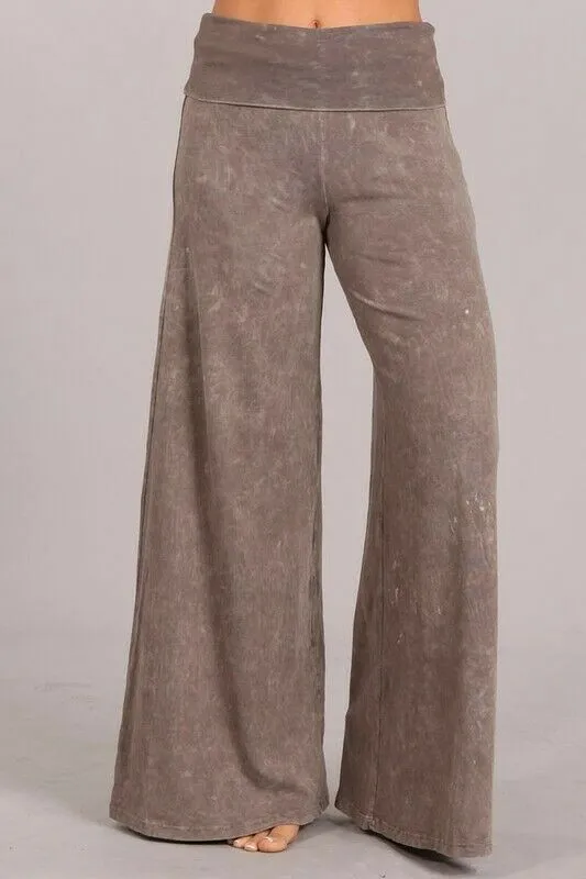 Taupe Mineral Wash Wide Led Foldover Over Waistband Casual Boho Womens Pants