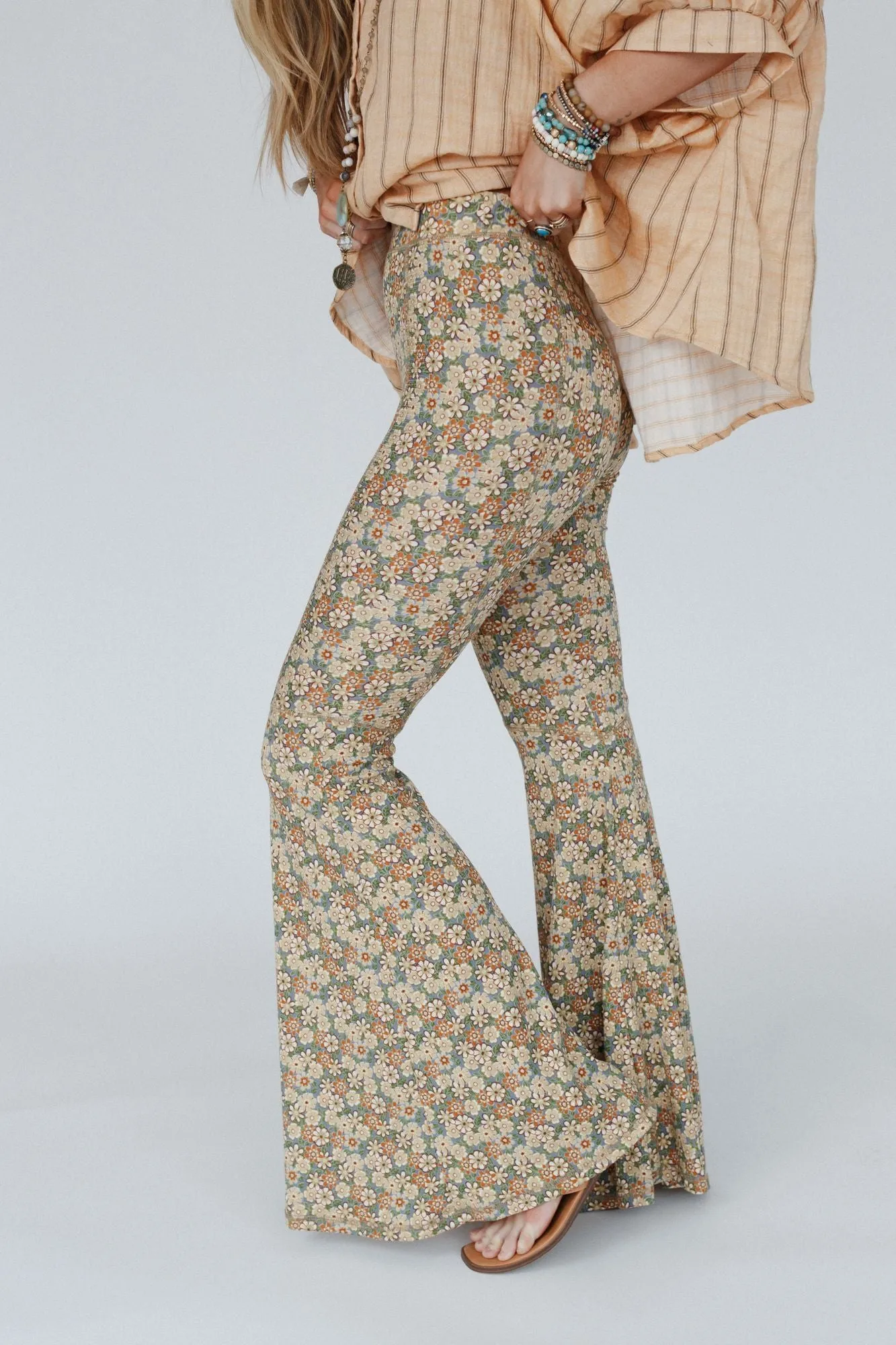 The Nest Dream in Flowers Flare Pants - Denim Khaki