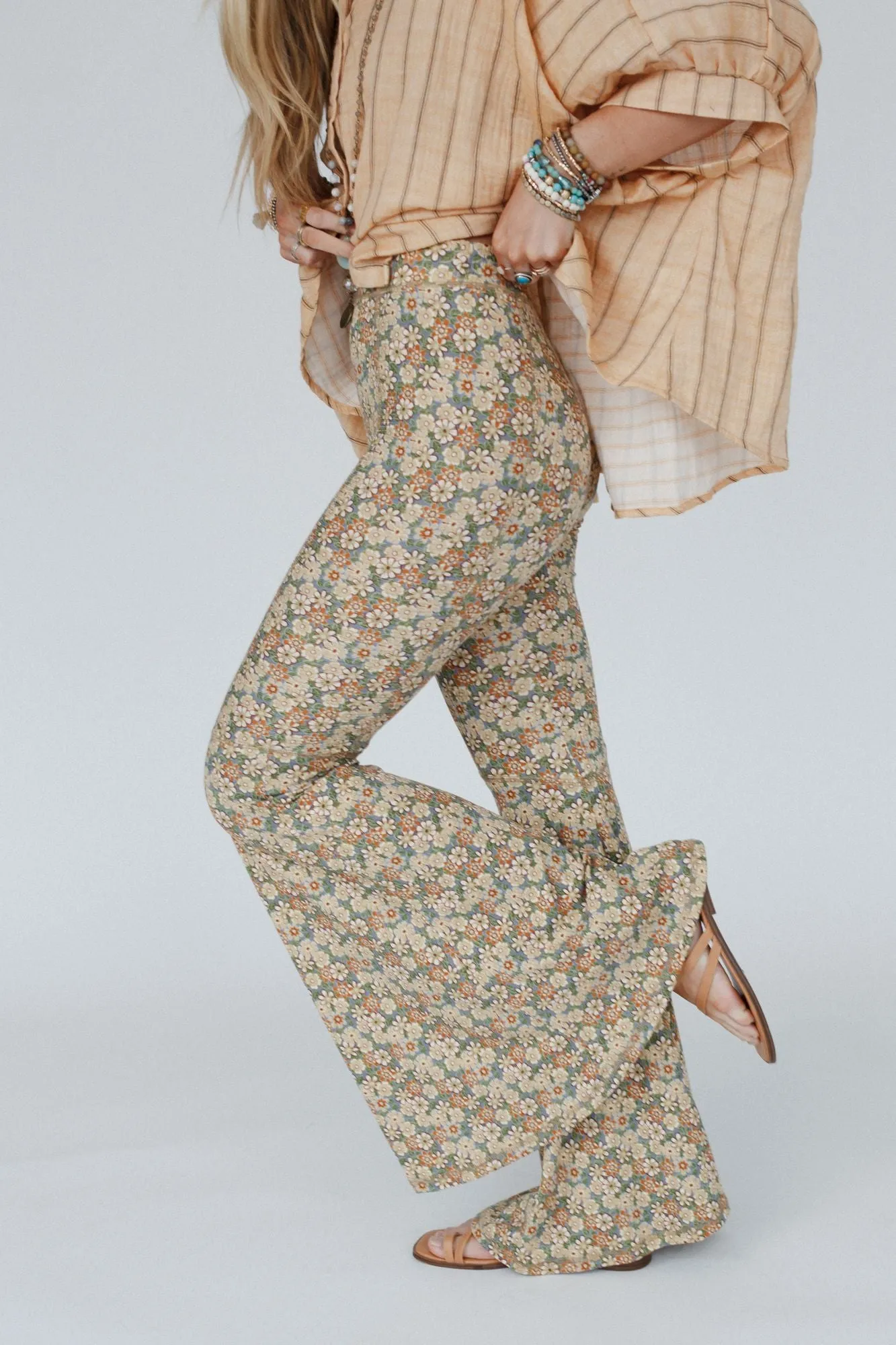 The Nest Dream in Flowers Flare Pants - Denim Khaki