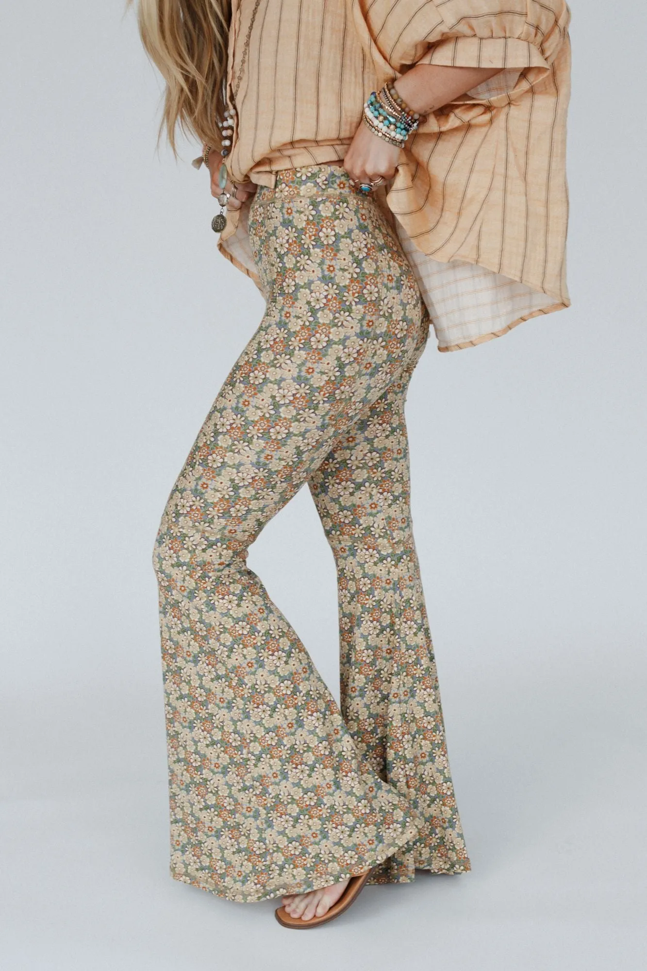 The Nest Dream in Flowers Flare Pants - Denim Khaki