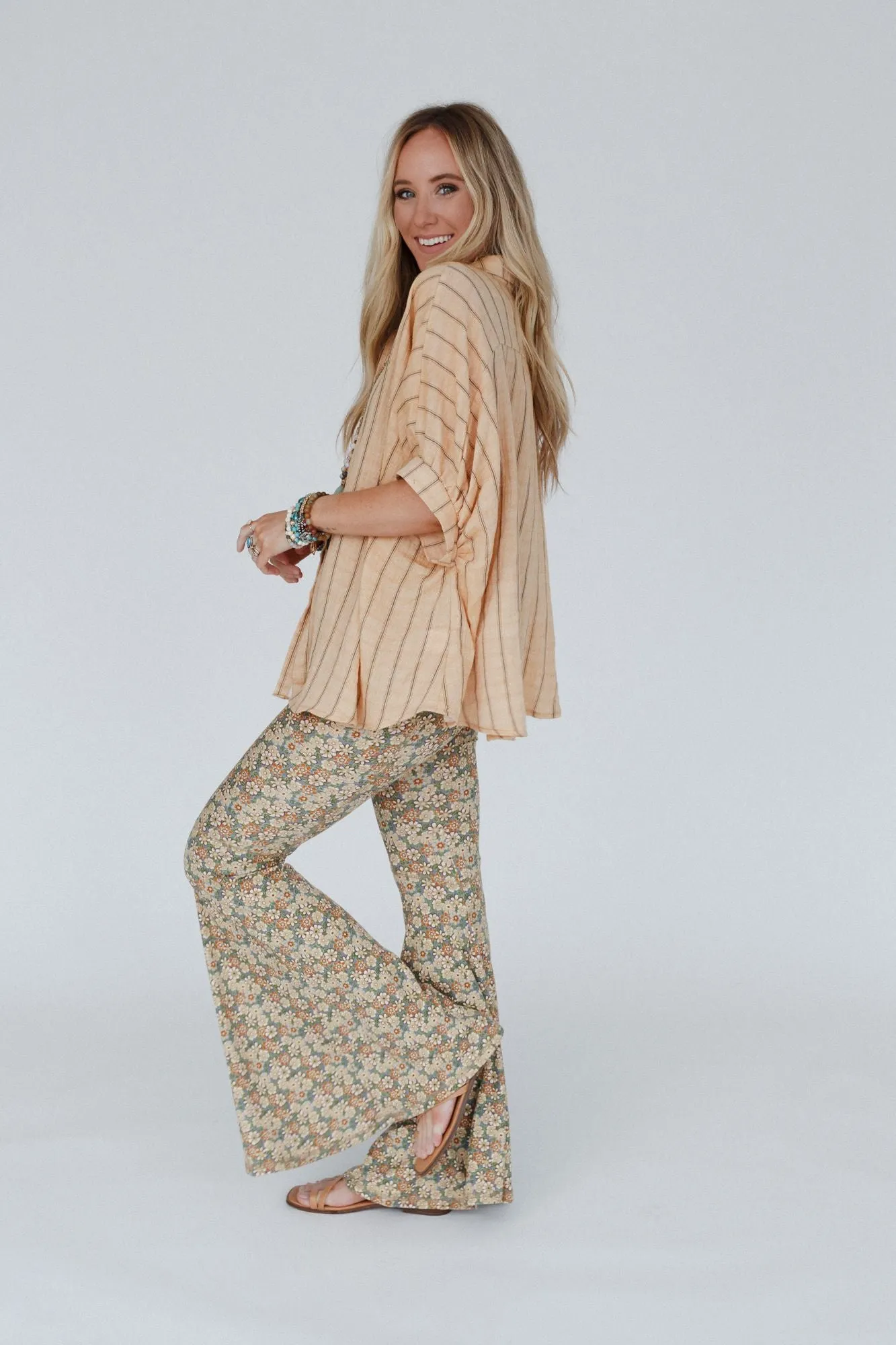 The Nest Dream in Flowers Flare Pants - Denim Khaki