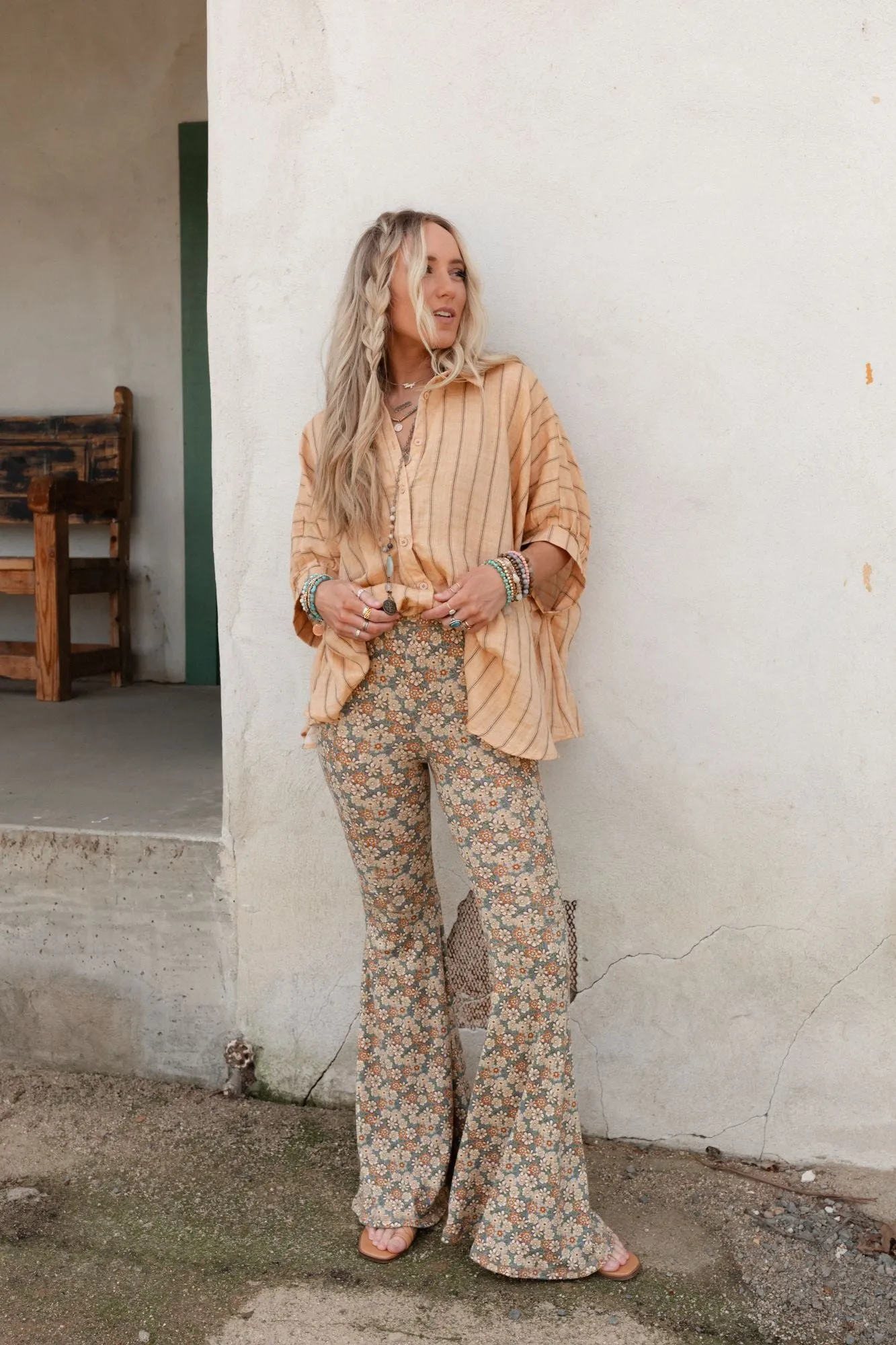 The Nest Dream in Flowers Flare Pants - Denim Khaki