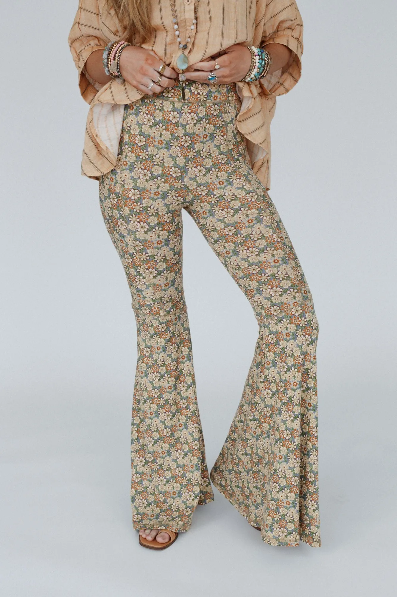 The Nest Dream in Flowers Flare Pants - Denim Khaki