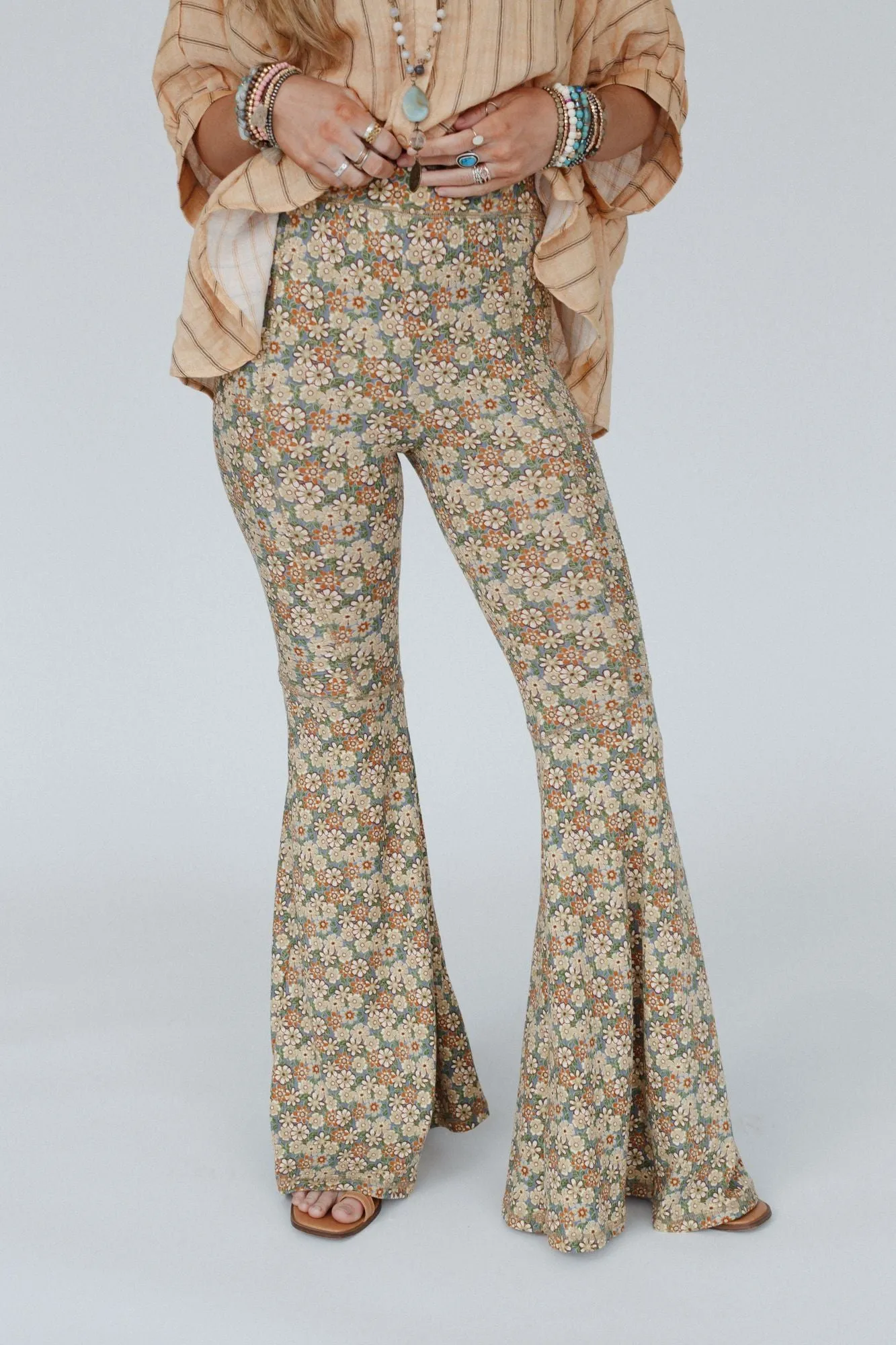 The Nest Dream in Flowers Flare Pants - Denim Khaki