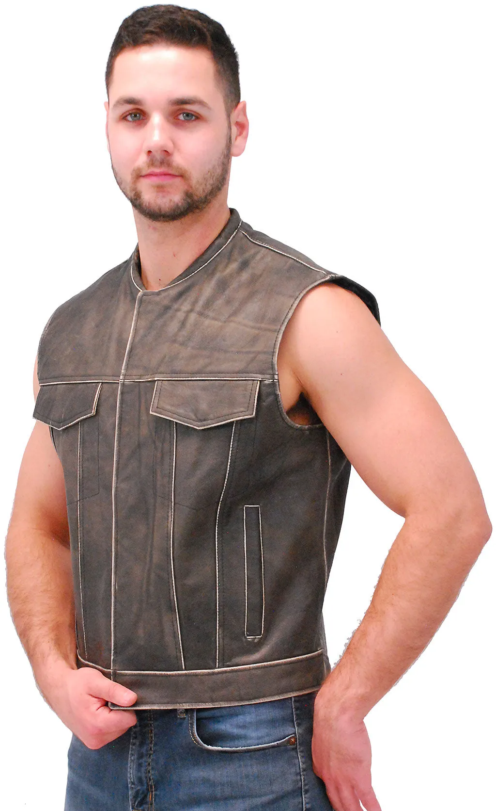 Vintage Brown Leather Club Vest w/Dual Concealed Pockets #VMA1015DN ()