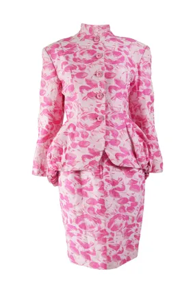 Vintage Womens Pink Floral Bustle Skirt Suit, 1980s