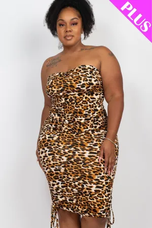 Voluptuous ( ) Plus Leopard Print Ruched Drawstring Tube Dress