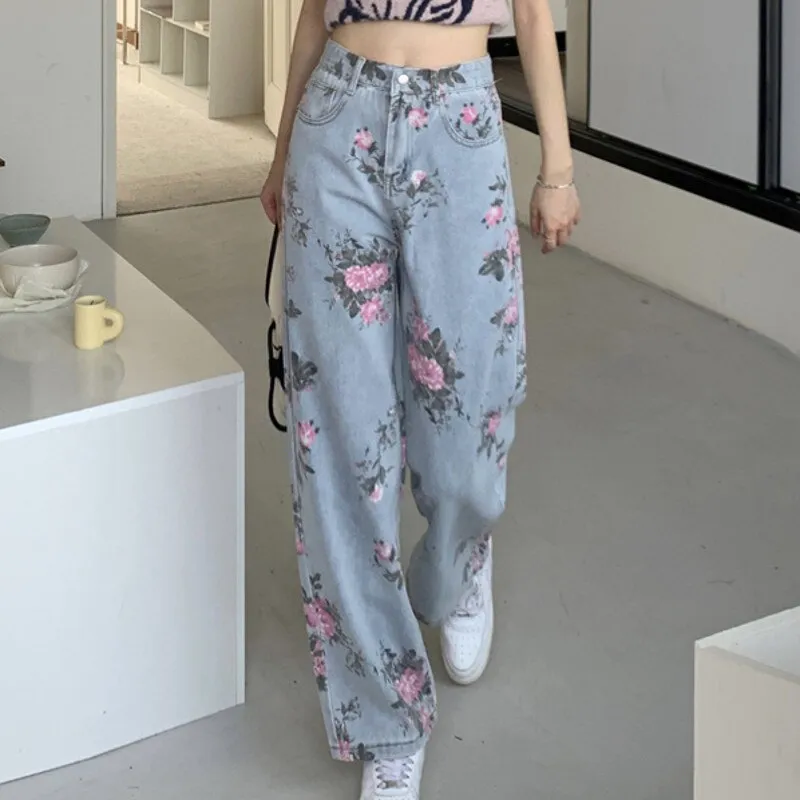 Wenkouban 2022 Spring Fashion Women Rose Print Jeans Women Design Loose High Waist Straight Wide Leg Pants