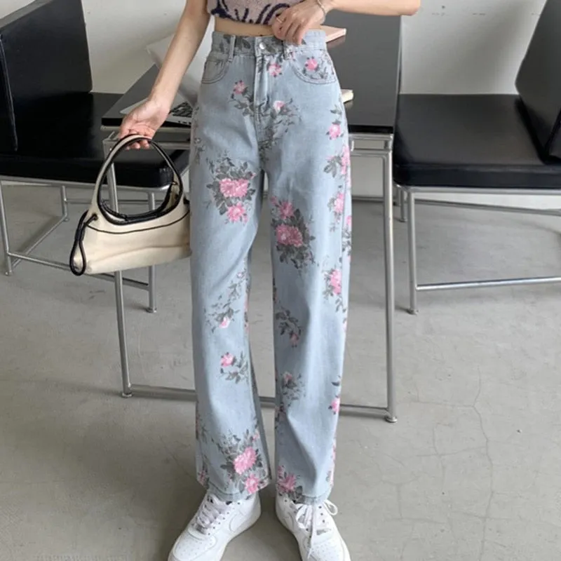 Wenkouban 2022 Spring Fashion Women Rose Print Jeans Women Design Loose High Waist Straight Wide Leg Pants