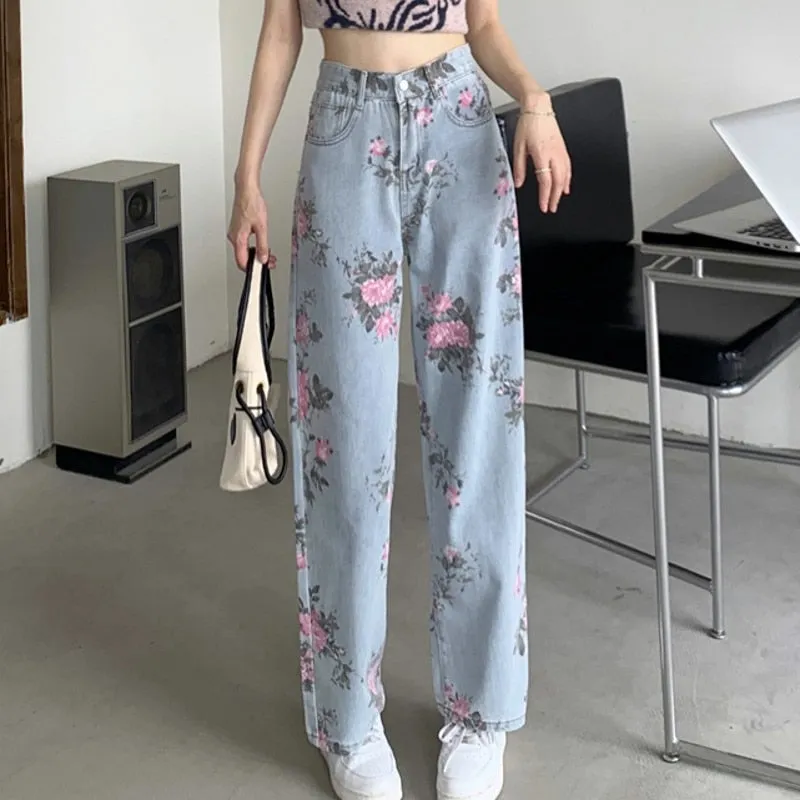 Wenkouban 2022 Spring Fashion Women Rose Print Jeans Women Design Loose High Waist Straight Wide Leg Pants