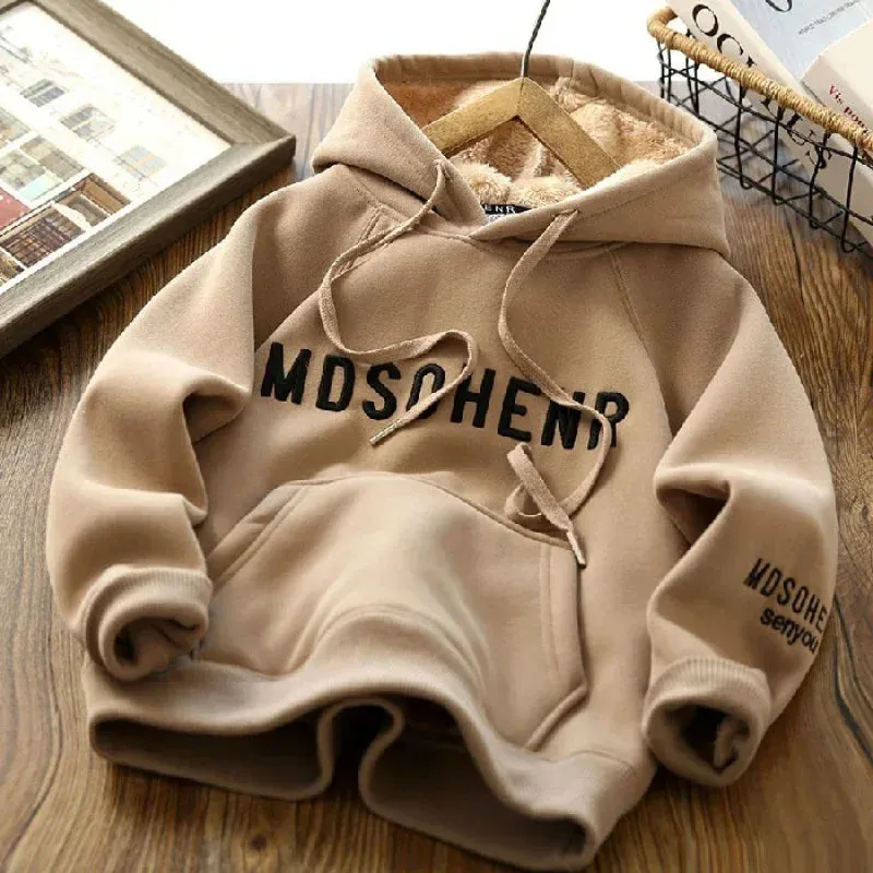 Winter Kids Thick Sweatshirt Clothes Autumn Boys Girls Lamb's Wool Padded Warm Hoodies Big Children Letter Print Pullover Tops