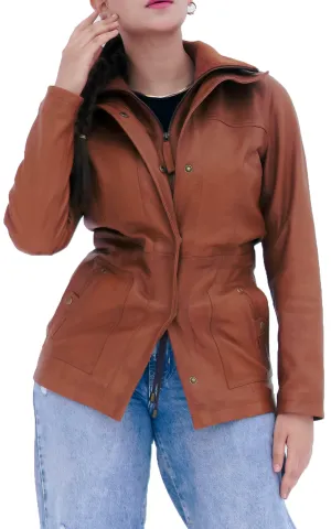 WOMEN REAL LAMBSKIN CAMEL BROWN DOUBLE LAYER THREE-QUARTER BIKER LEATHER COAT